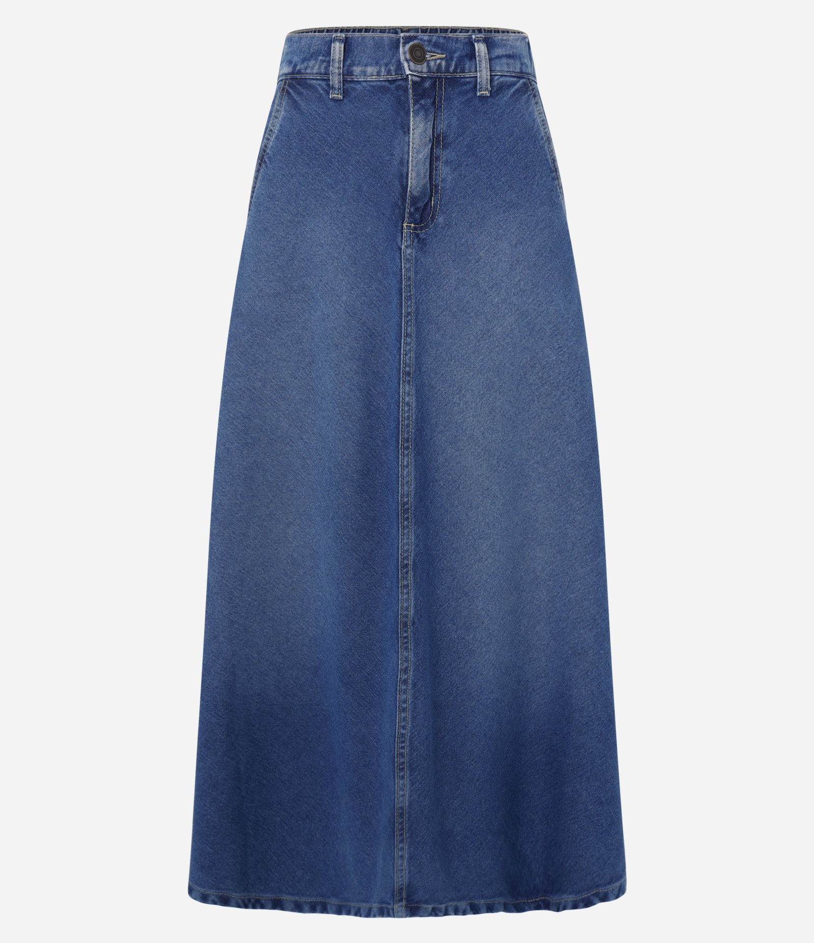 Saia Midi Evasê em Jeans com Recorte no Viés Médio 5