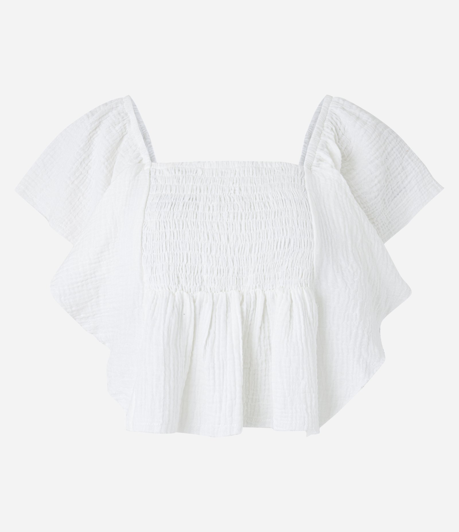 Blusa Bata Curta Texturizada com Lastex e Babados Branco 5