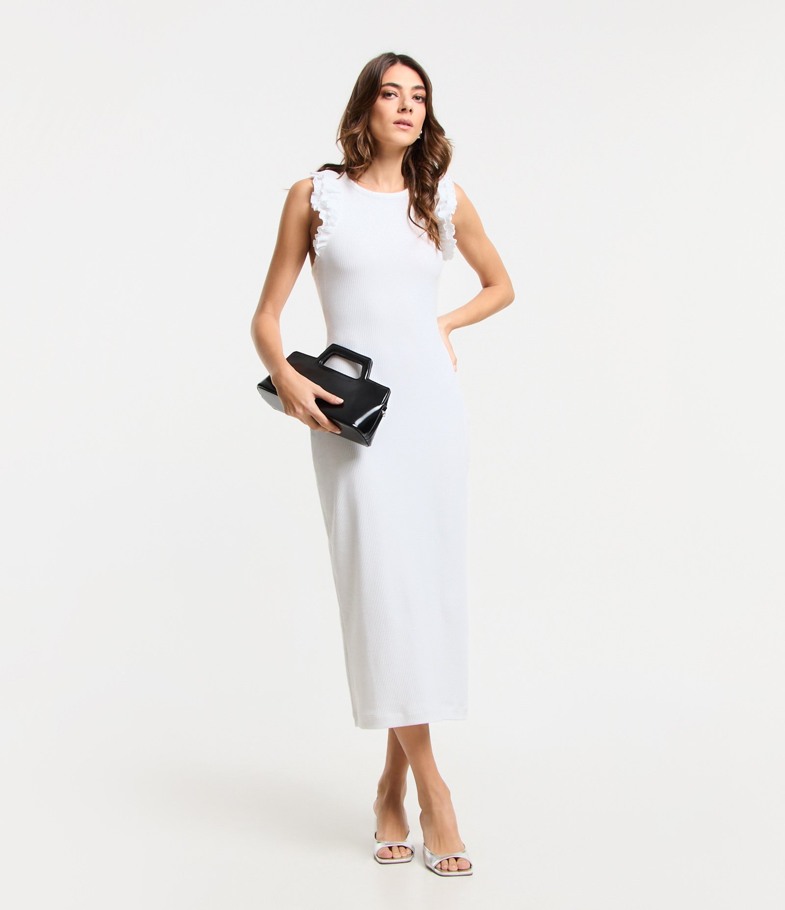 Vestido Longo em Ribana com Babados nos Ombros e Tiras em X nas Costas Branco 1