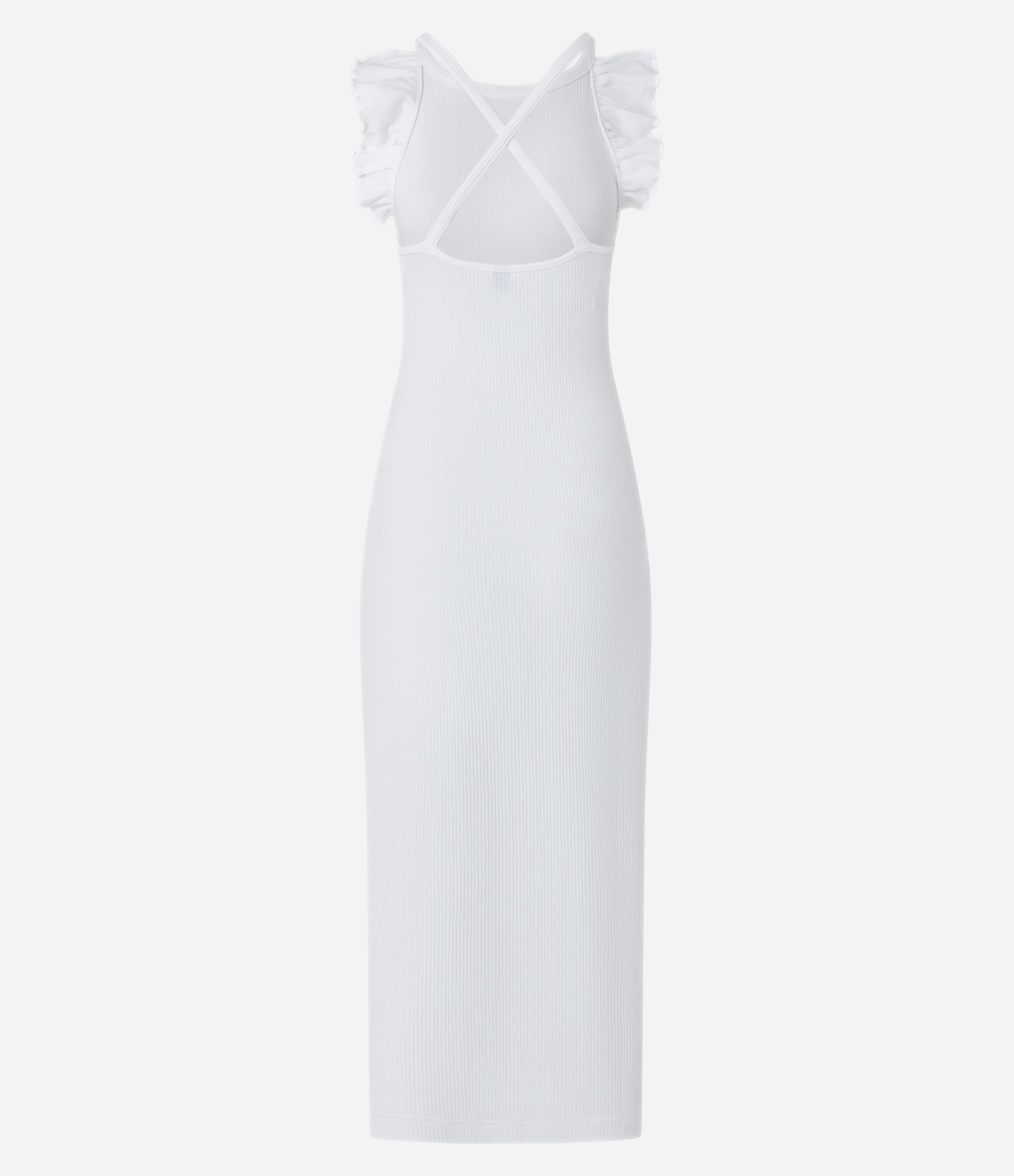 Vestido Longo em Ribana com Babados nos Ombros e Tiras em X nas Costas Branco 6