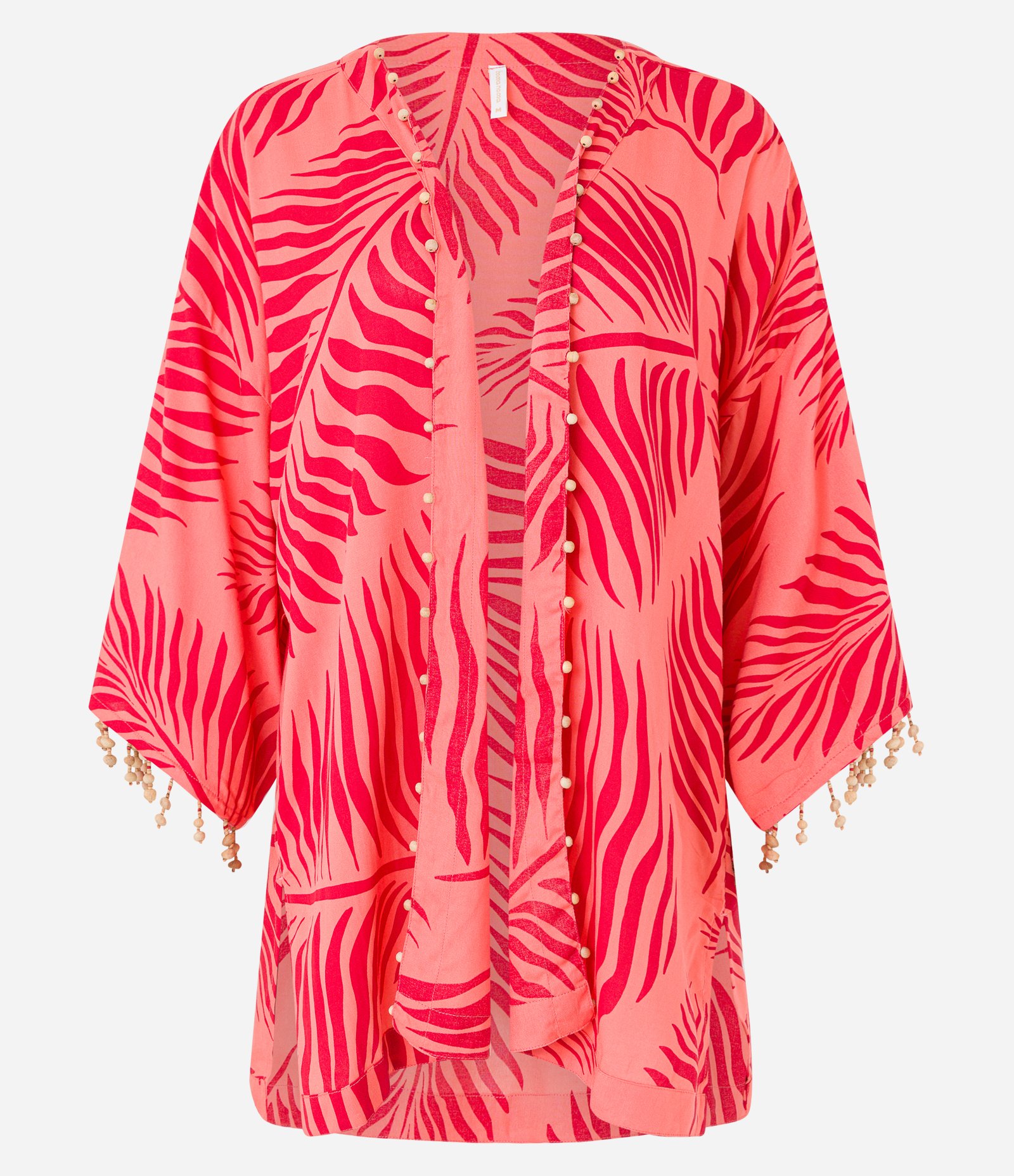 Kimono em Viscose com Estampa de Folhas e Aplicações em Madeira Laranja/Vermelho 5