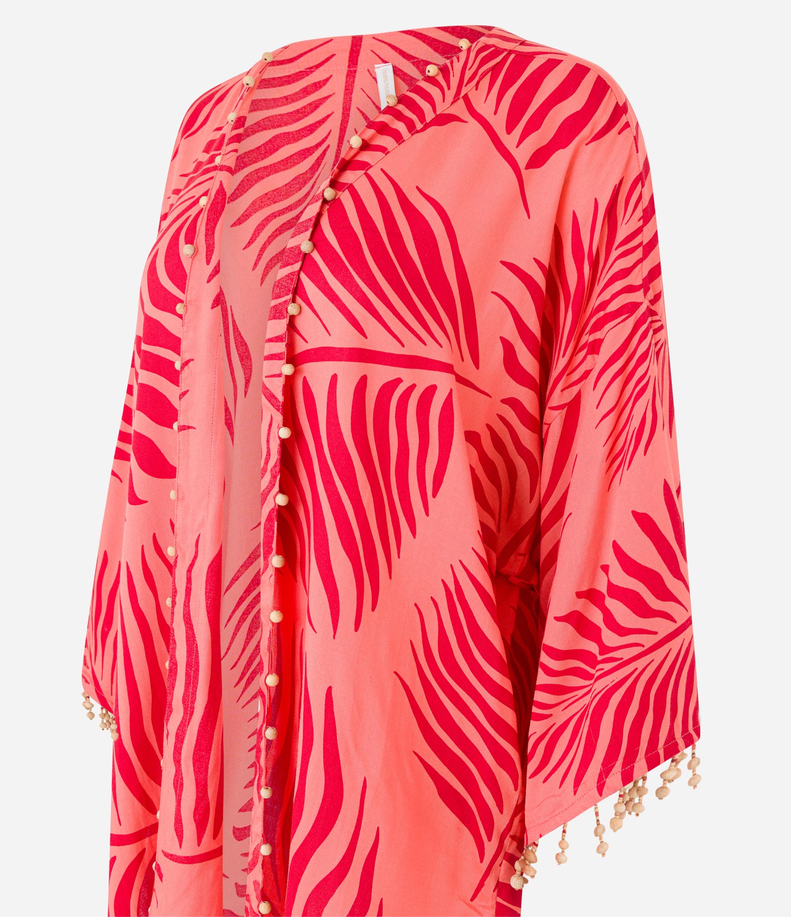 Kimono em Viscose com Estampa de Folhas e Aplicações em Madeira Laranja/Vermelho 6