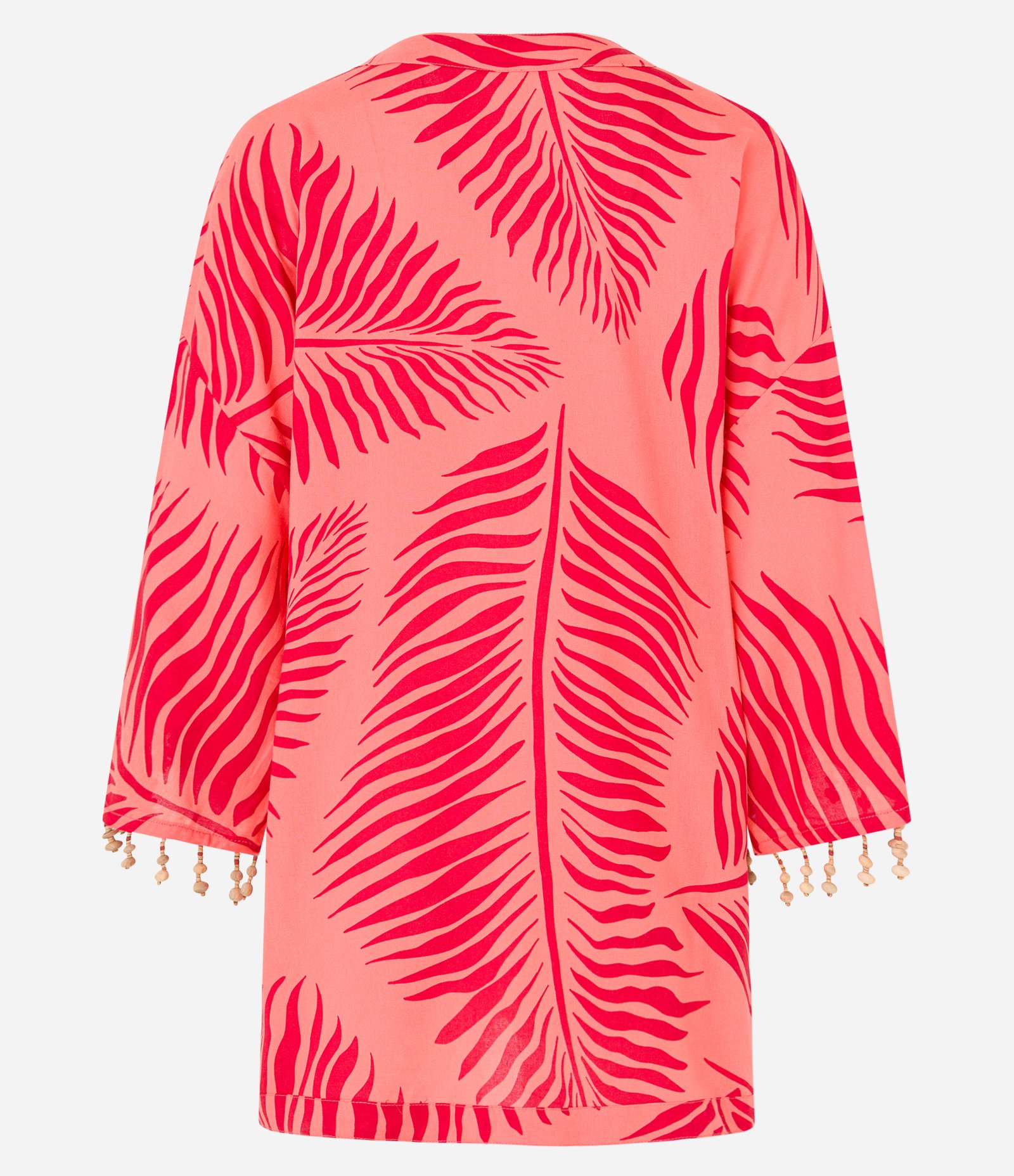 Kimono em Viscose com Estampa de Folhas e Aplicações em Madeira Laranja/Vermelho 7