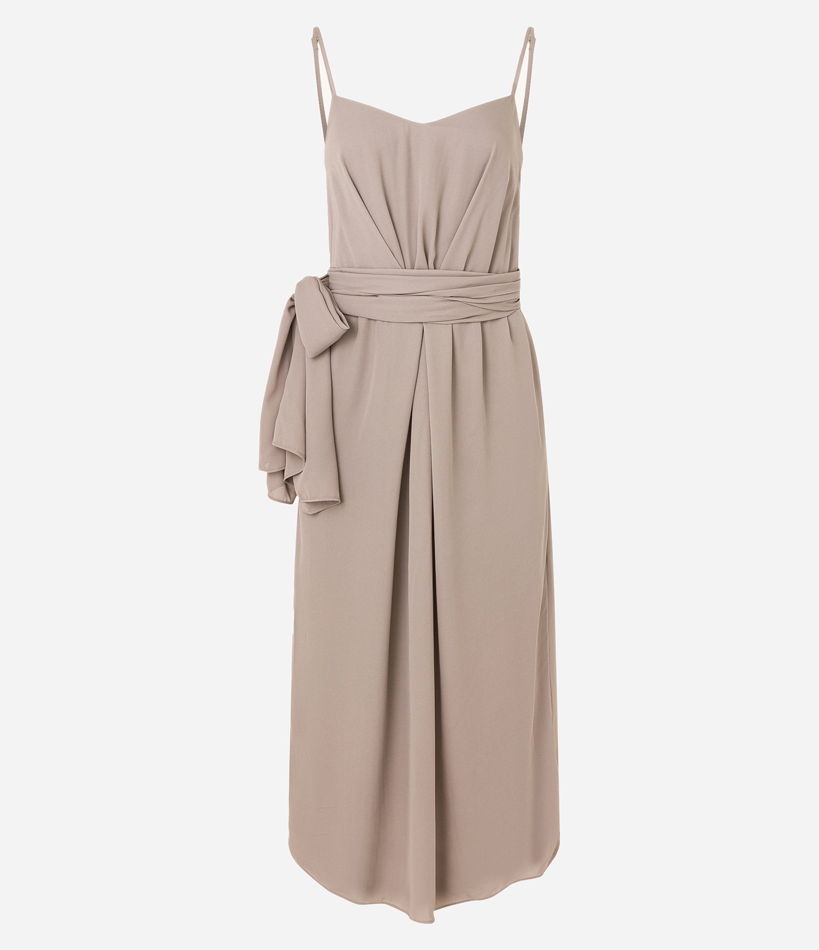 Vestido Midi Fluído em Voal com Sobreposição de Manga com Amarração Bege Acinzentado 6