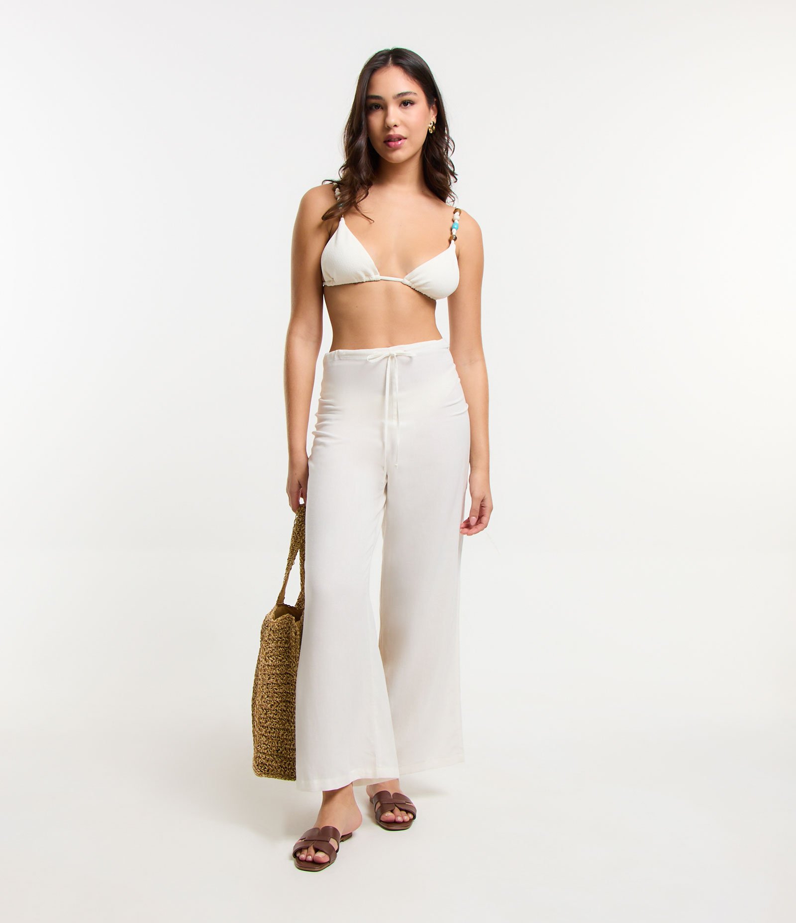 Saída de Praia Calça em Viscolinho com Amarração Off White 1