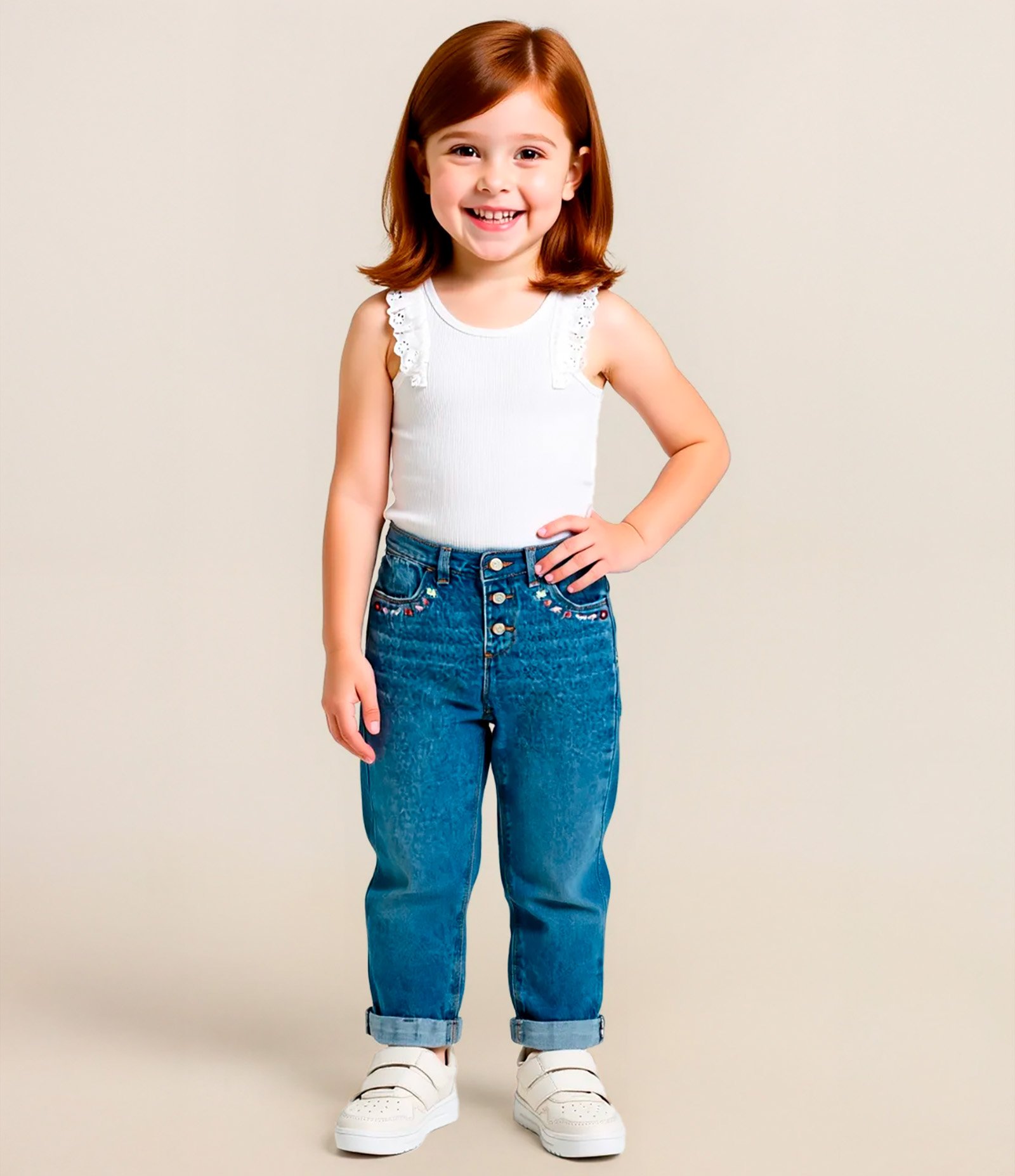 Regata Infantil em Ribana com Babado em Broderie - Tam 1 a 5 Anos Branco 1