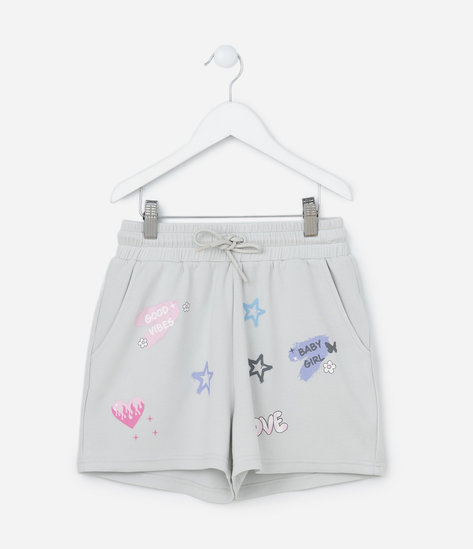 Bermuda Infantil em Microfibra com Estampa Divertida Baby Girl -Tam 5 a 14 Anos Cinza 1