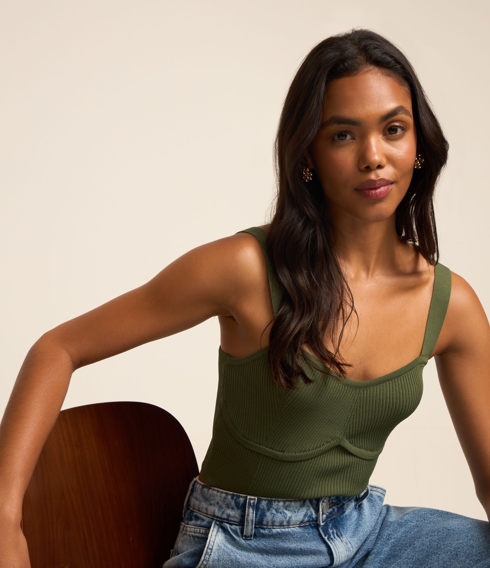 Blusa em Tricô com Decote Coração e Textura Canelada Verde 3