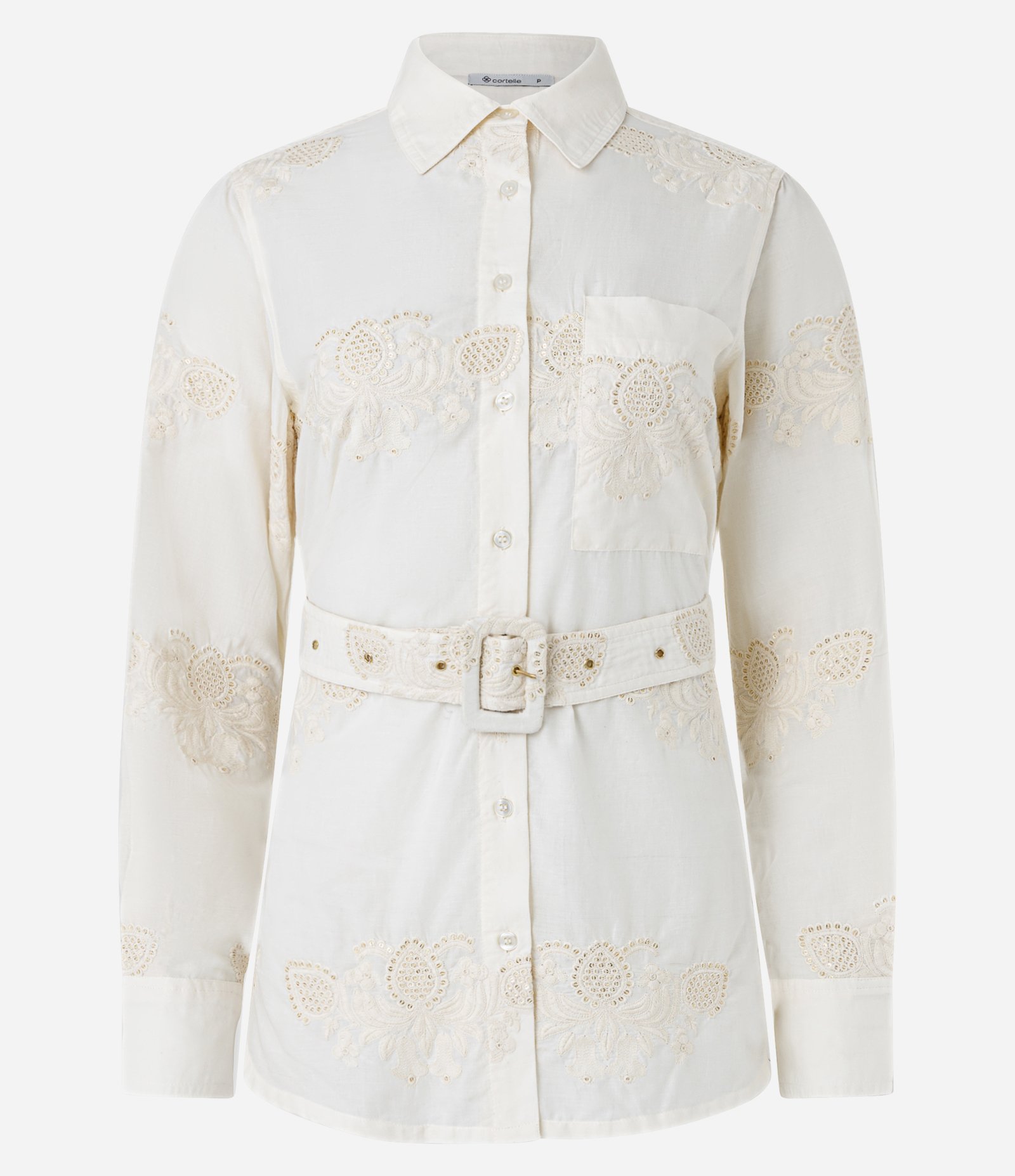 Camisa Alongada em Algodão Bordado com Textura e Cinto Off White 7