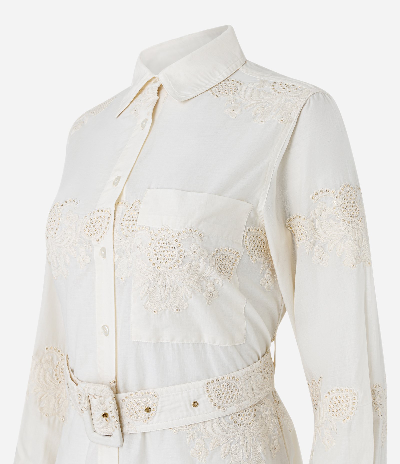 Camisa Alongada em Algodão Bordado com Textura e Cinto Off White 8