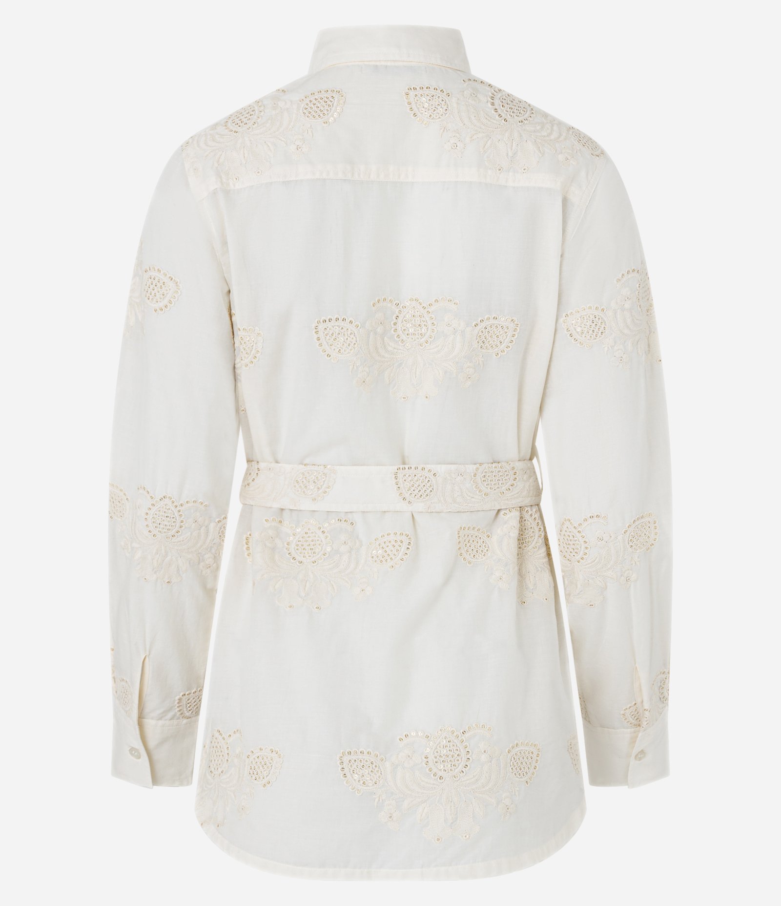 Camisa Alongada em Algodão Bordado com Textura e Cinto Off White 9