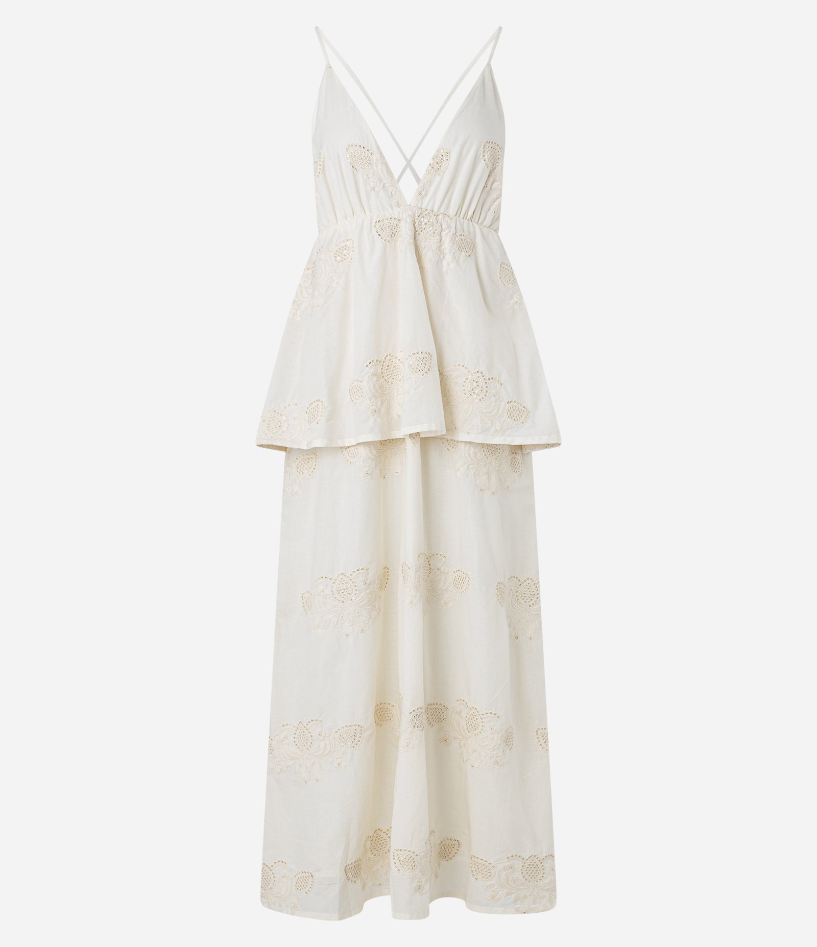 Vestido Midi em Algodão Bordado com Textura com Saia Sobreposta Off White 5