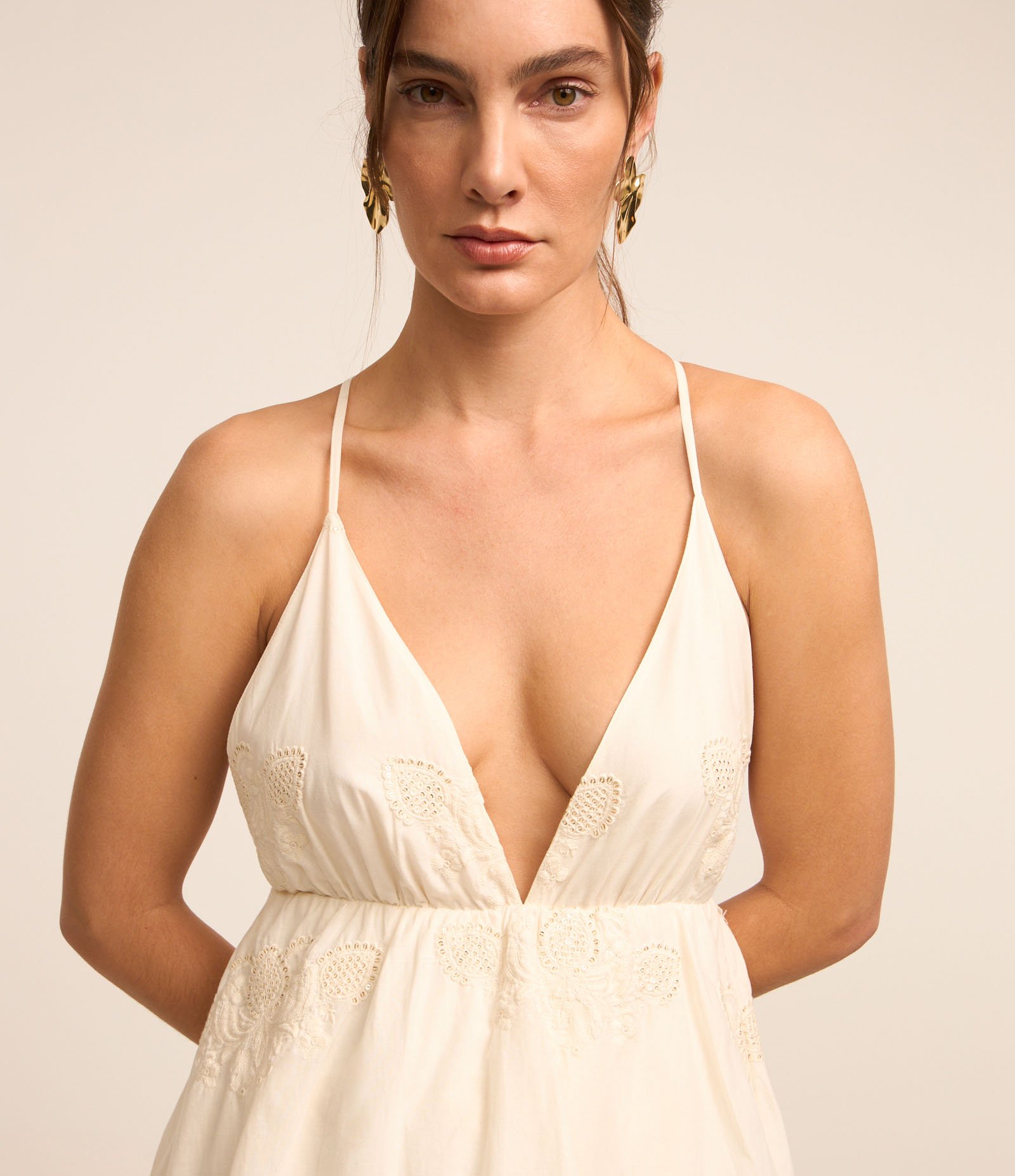 Vestido Midi em Algodão Bordado com Textura com Saia Sobreposta Off White 4