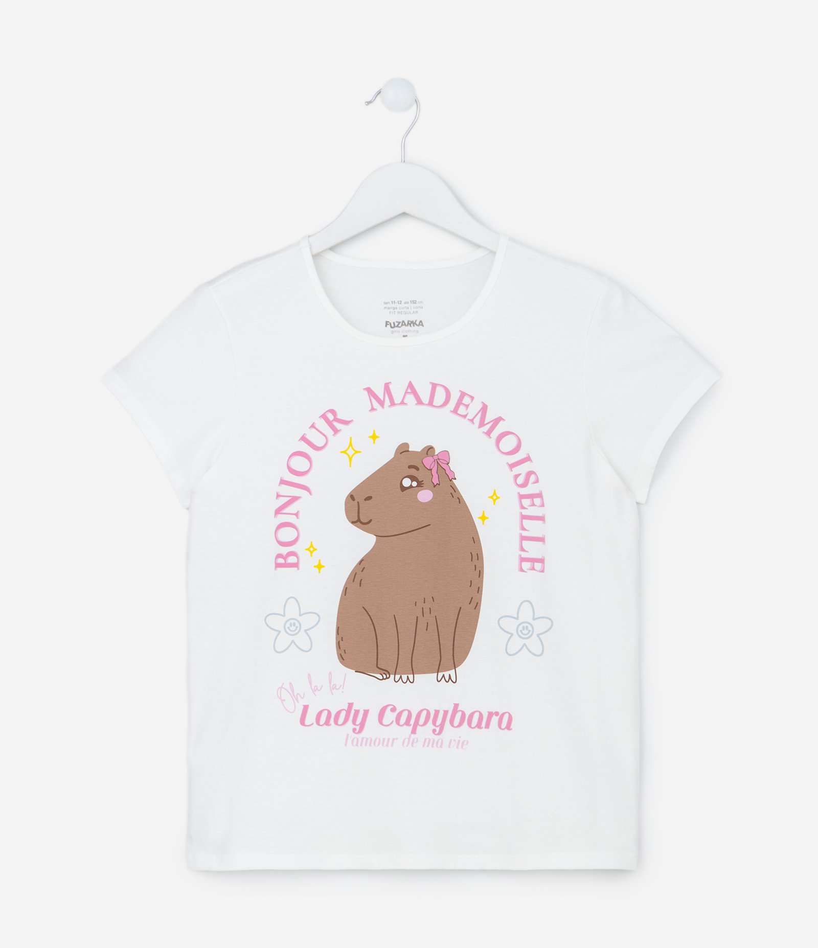 Camiseta Evasê Infantil em Algodão Estampa Capivara Lady - Tam 5 a 14 anos Branco 1