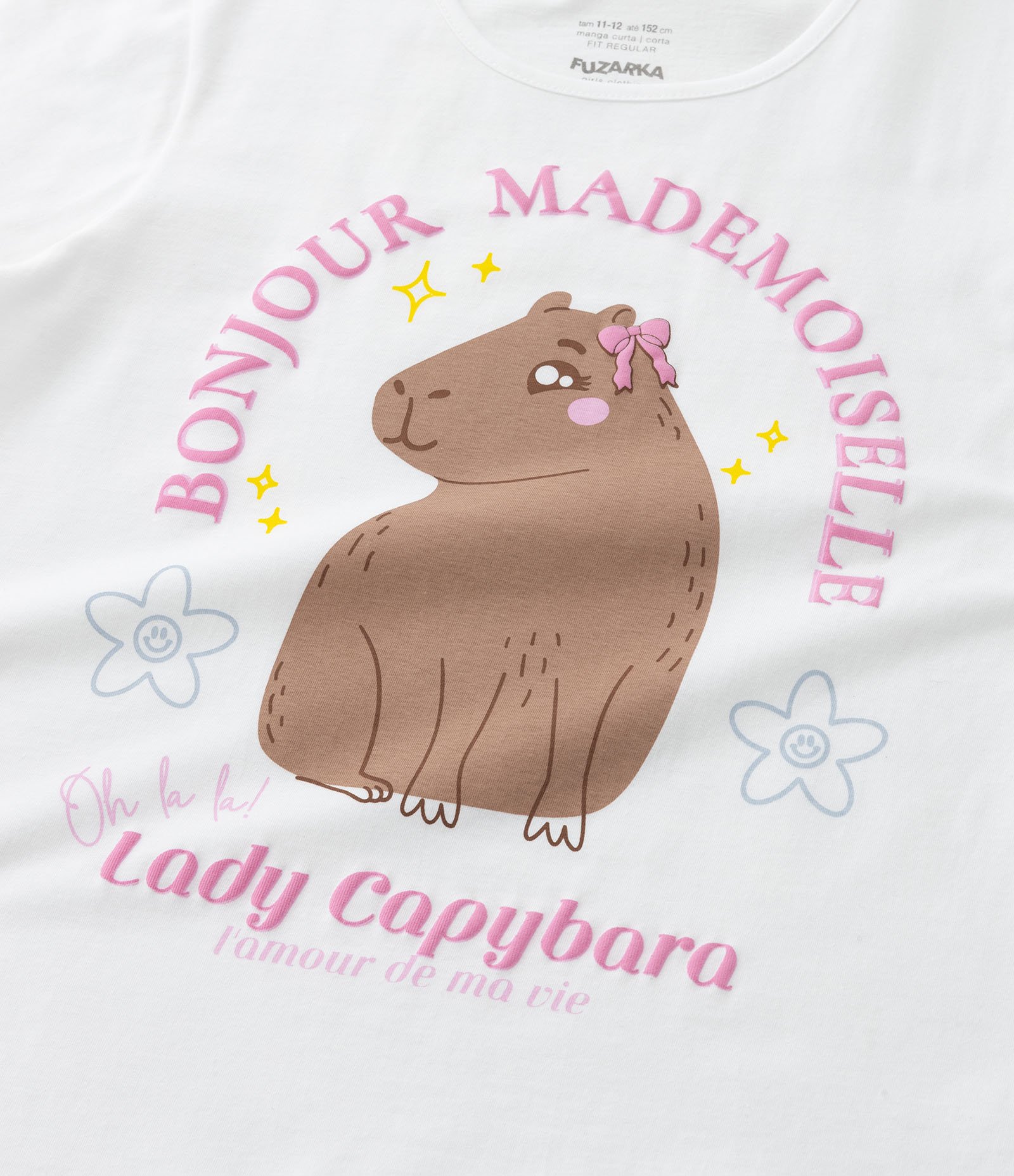 Camiseta Evasê Infantil em Algodão Estampa Capivara Lady - Tam 5 a 14 anos Branco 4