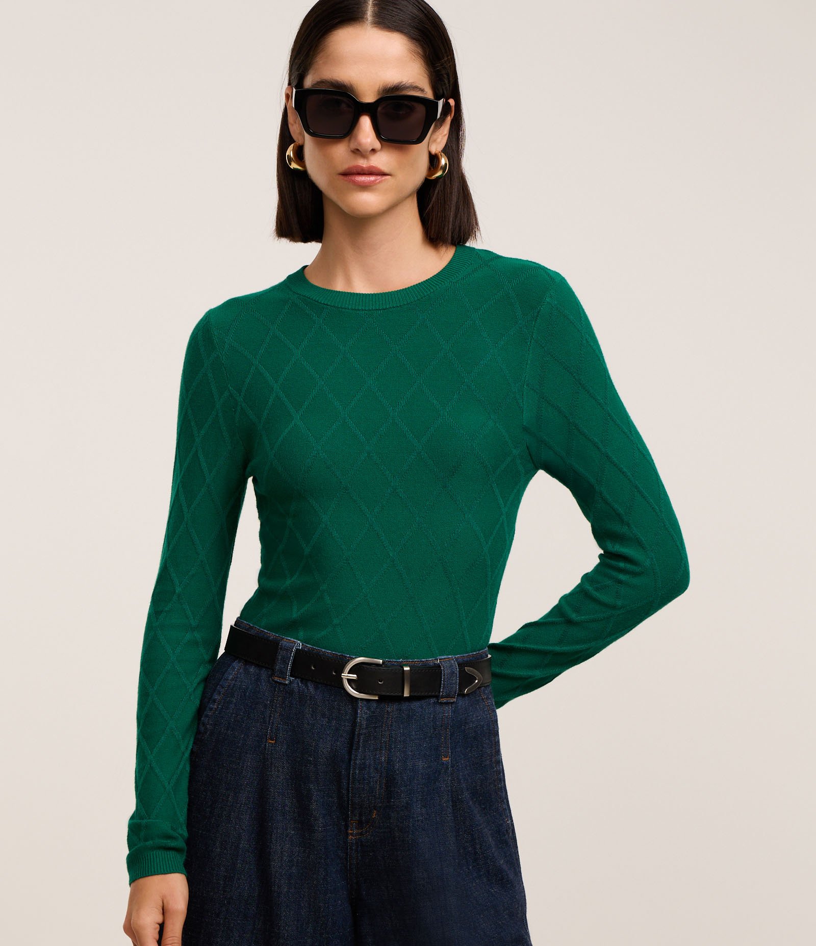 Suéter em Tricô com Gola Redonda e Textura Losângos 2