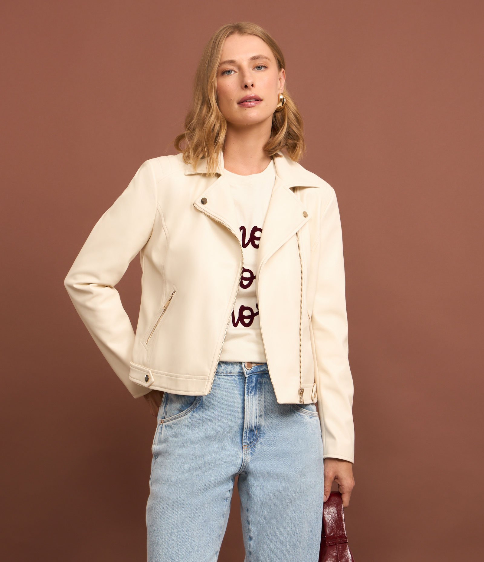 Jaqueta Biker em PU com Ponto Roma na Manga Branco 1