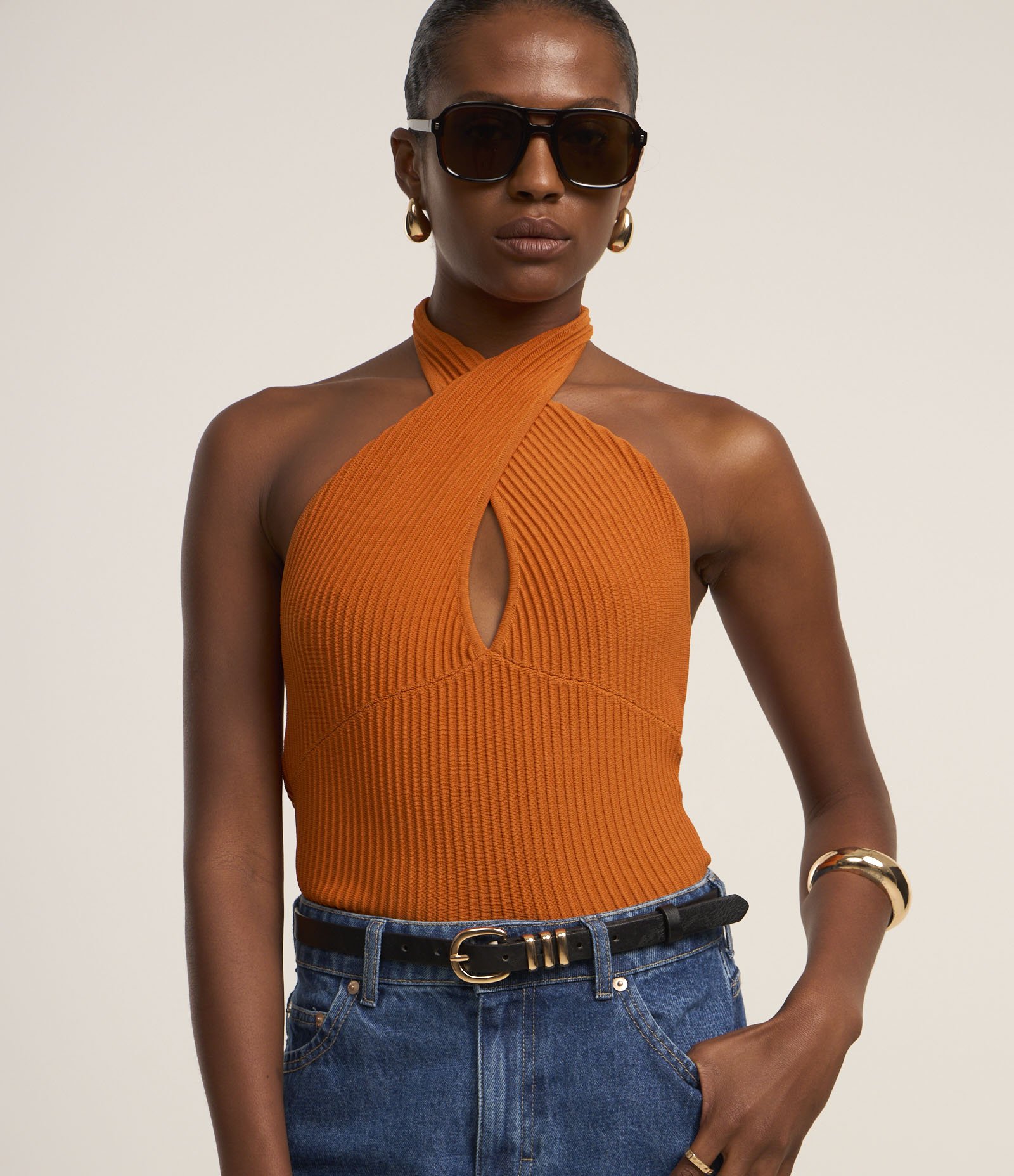 Blusa Frente Única em Tricô Canelado com Vazado Laranja 1