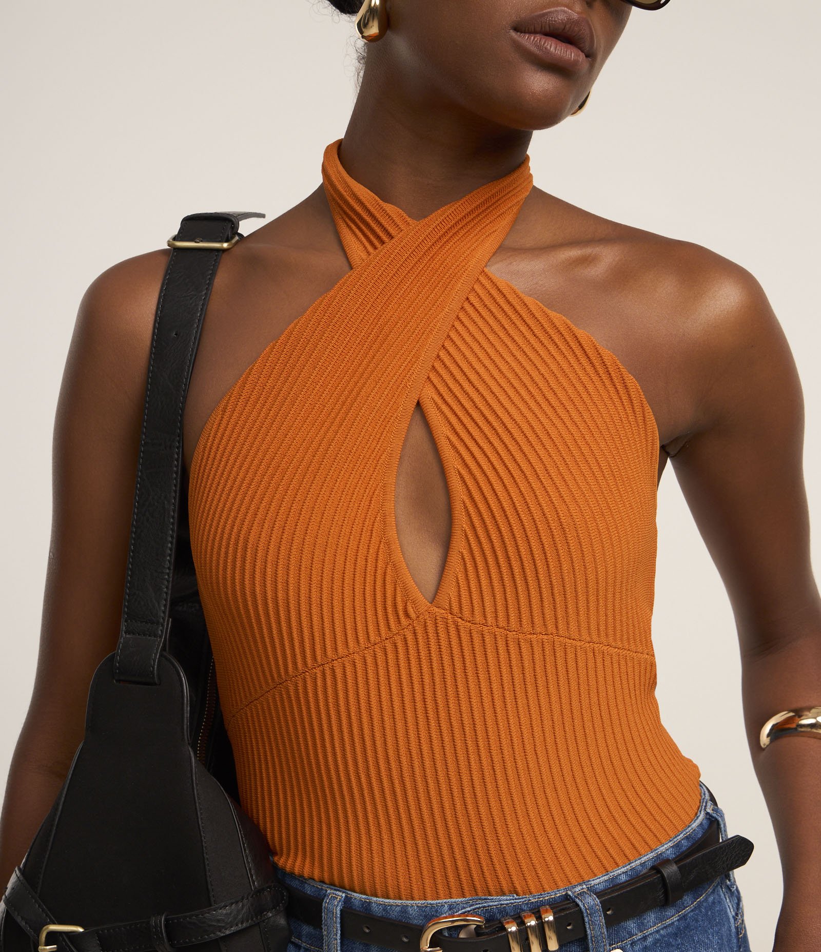 Blusa Frente Única em Tricô Canelado com Vazado Laranja 4