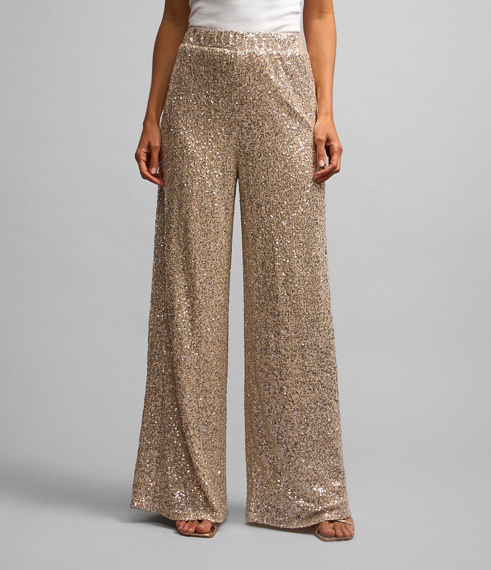 Calça Pantalona em Paetê com Forro e Cós Elástico Dourado 2