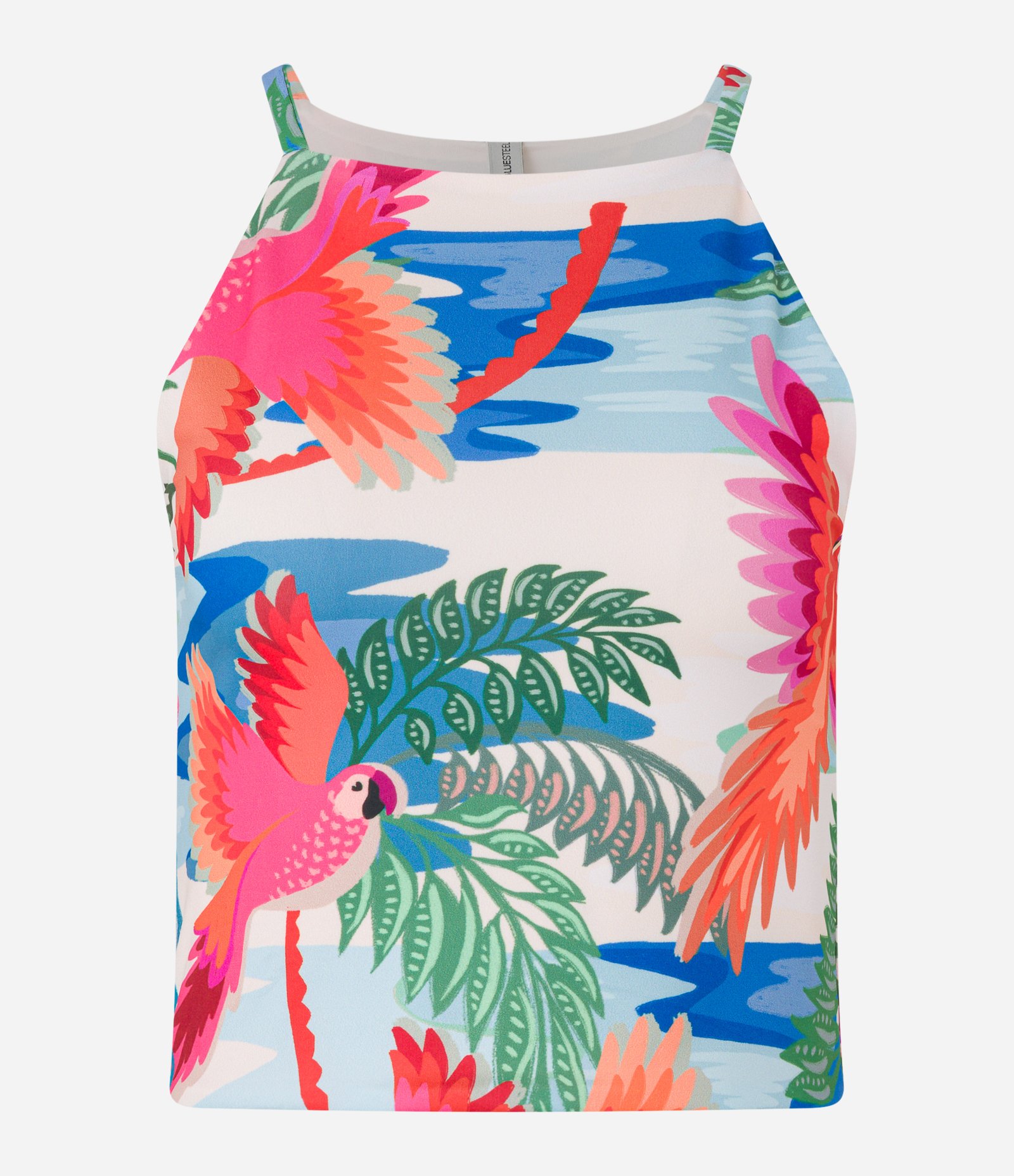 Blusa sem Manga Cropped em Microfibra com Estampa Tropical Branco 4