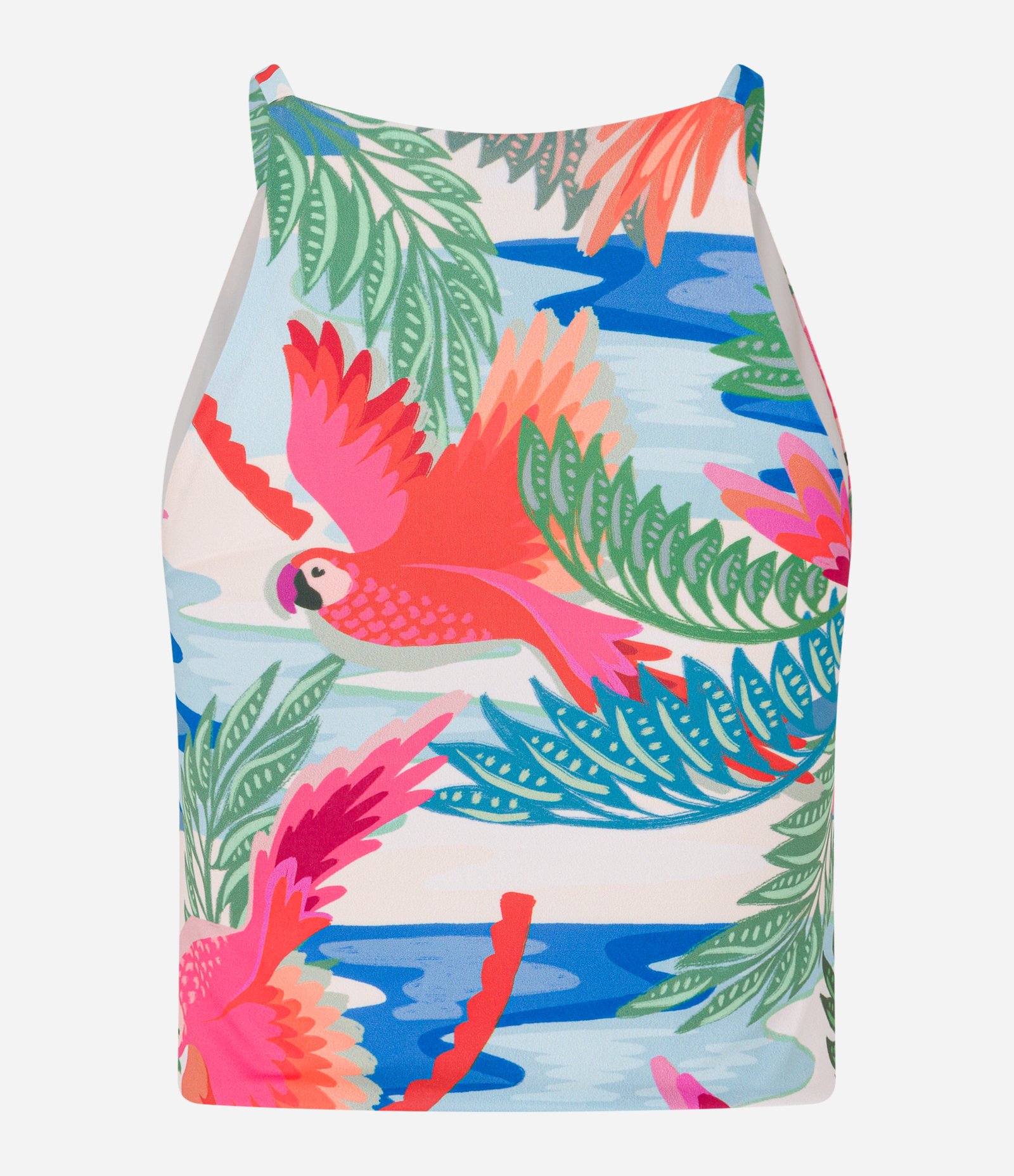 Blusa sem Manga Cropped em Microfibra com Estampa Tropical Branco 5