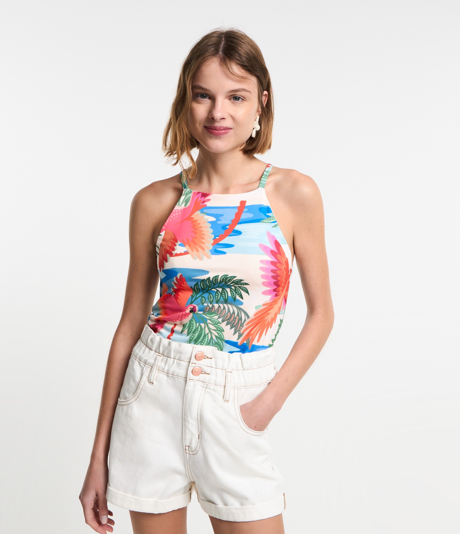 Blusa sem Manga Cropped em Microfibra com Estampa Tropical Branco 1