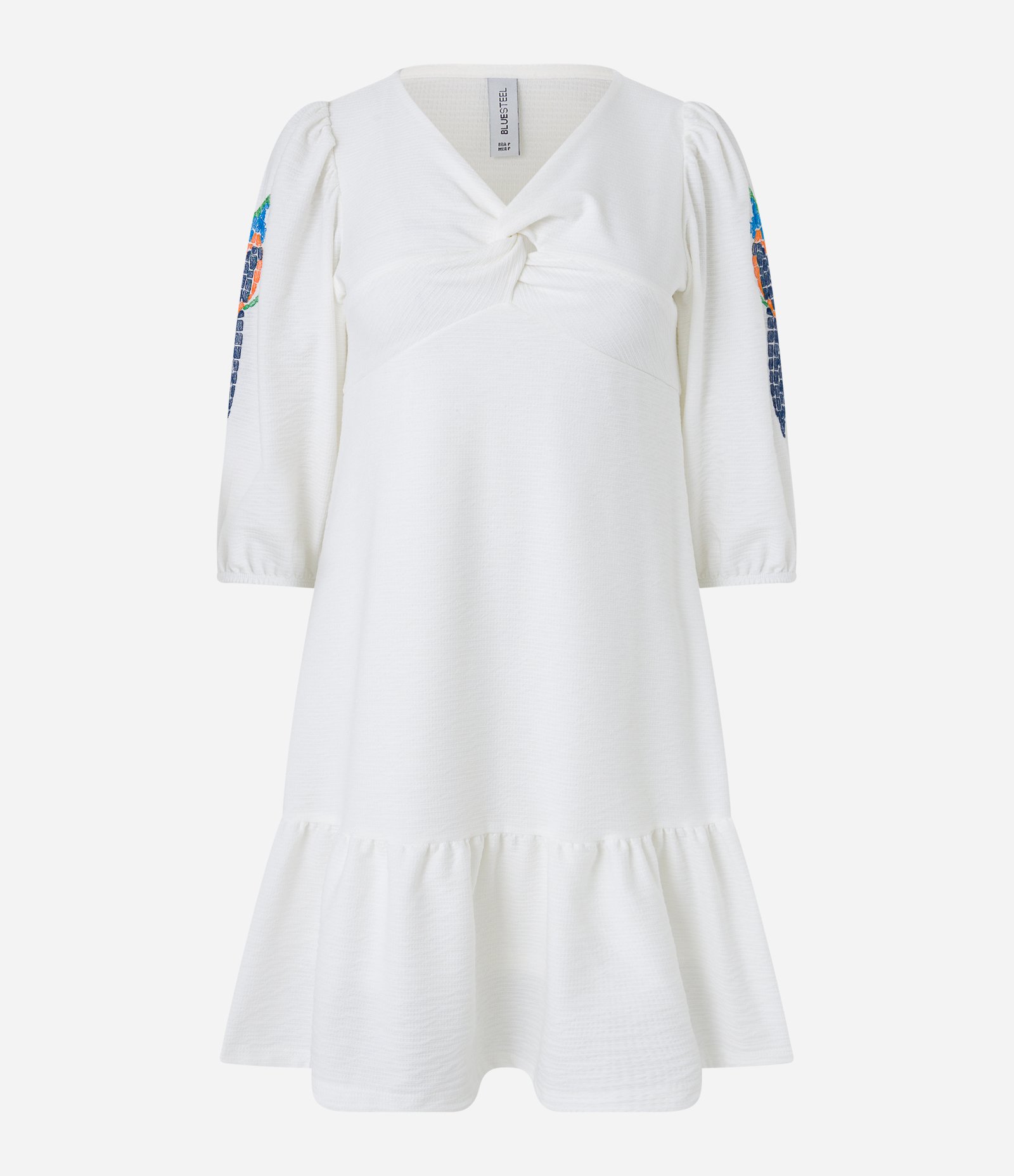 Vestido Curto com Busto Torcido e Bordado de Arara na Manga Branco Neve 5