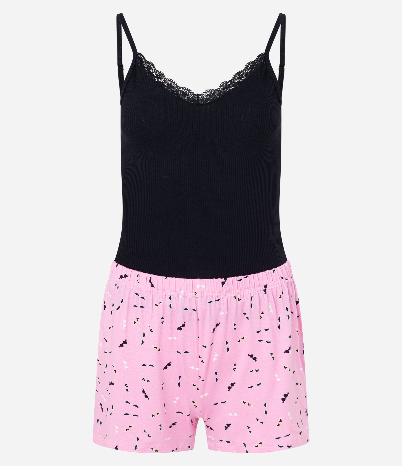 Pijama Short Doll Alcinha em Ribana com Estampa Mini Óculos Preto/ Rosa 4