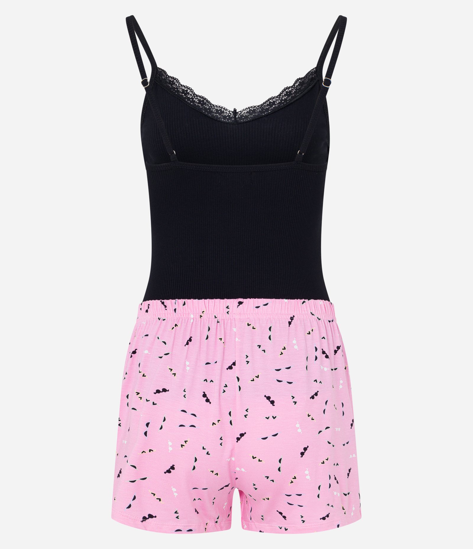 Pijama Short Doll Alcinha em Ribana com Estampa Mini Óculos Preto/ Rosa 5
