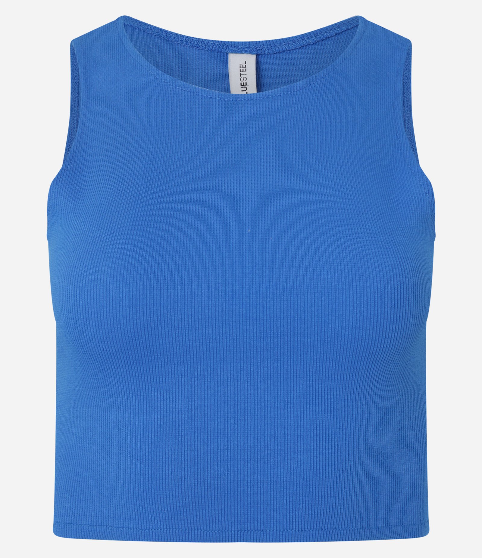 Blusa Cropped sem Manga em Algodão com Textura Canelada Azul 1