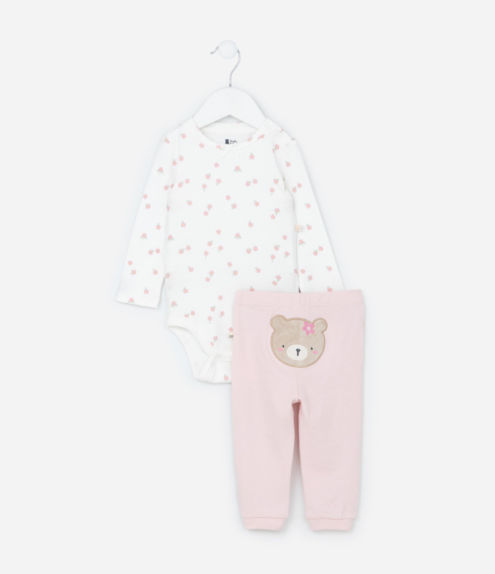 Conjunto Infantil em Suedine com Bordado de Ursa - Tam RN a 18 meses Branco/Rosa 1