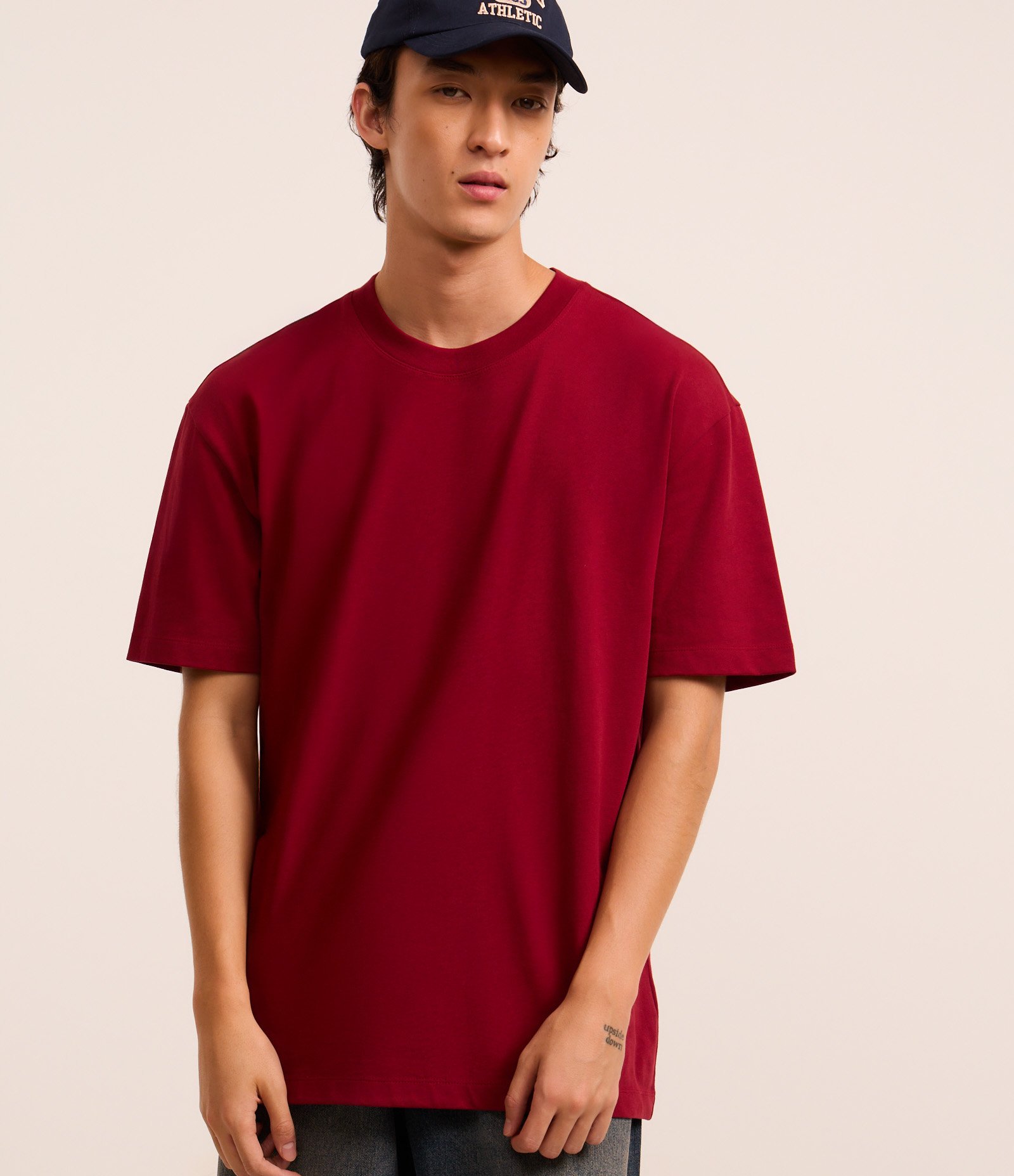 Camiseta Relaxed em Algodão com Efeito Pesado Vermelho 1