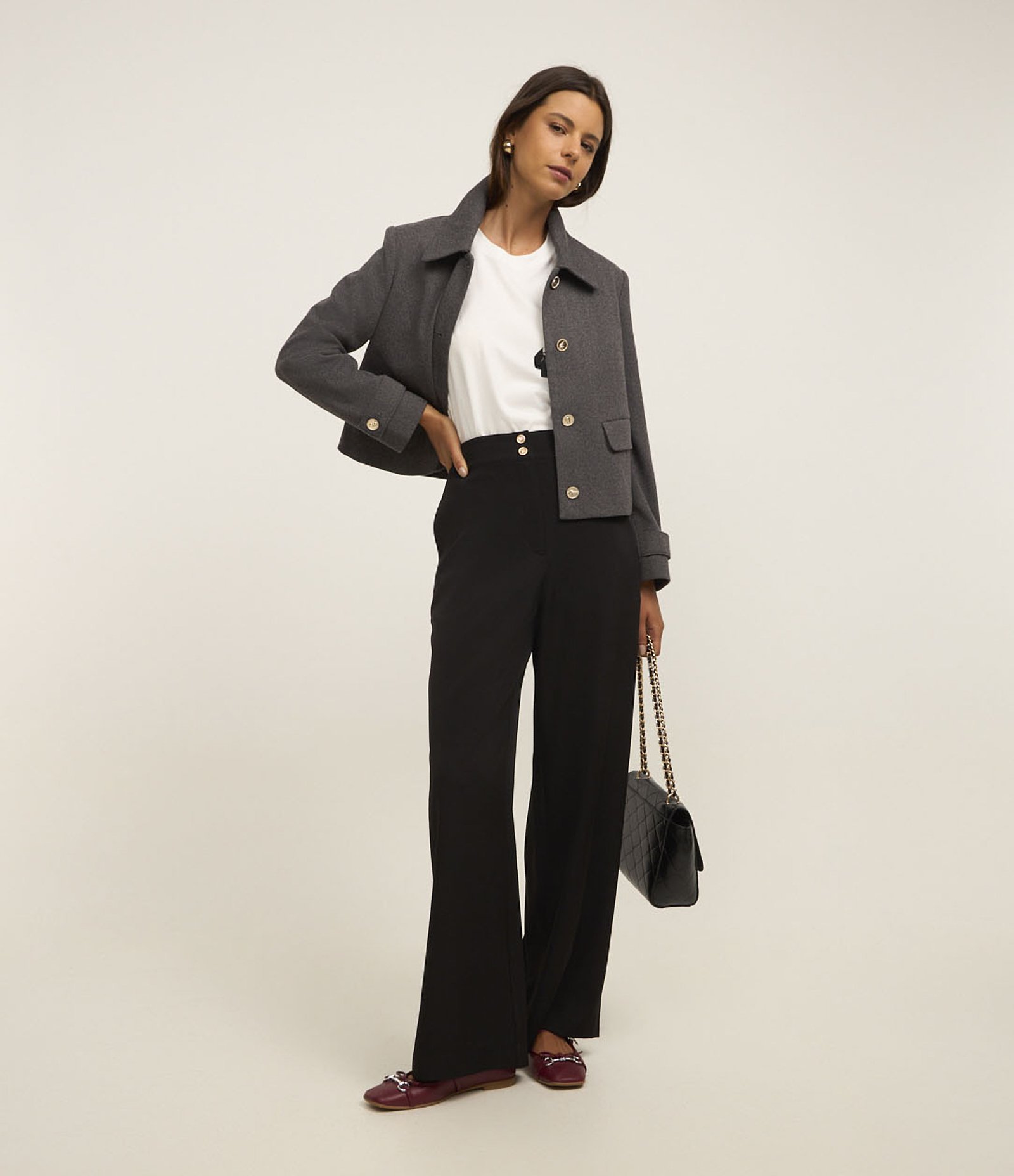 Calça Wide Leg Alfaiatada Cintura Alta com Botões Duplos 1