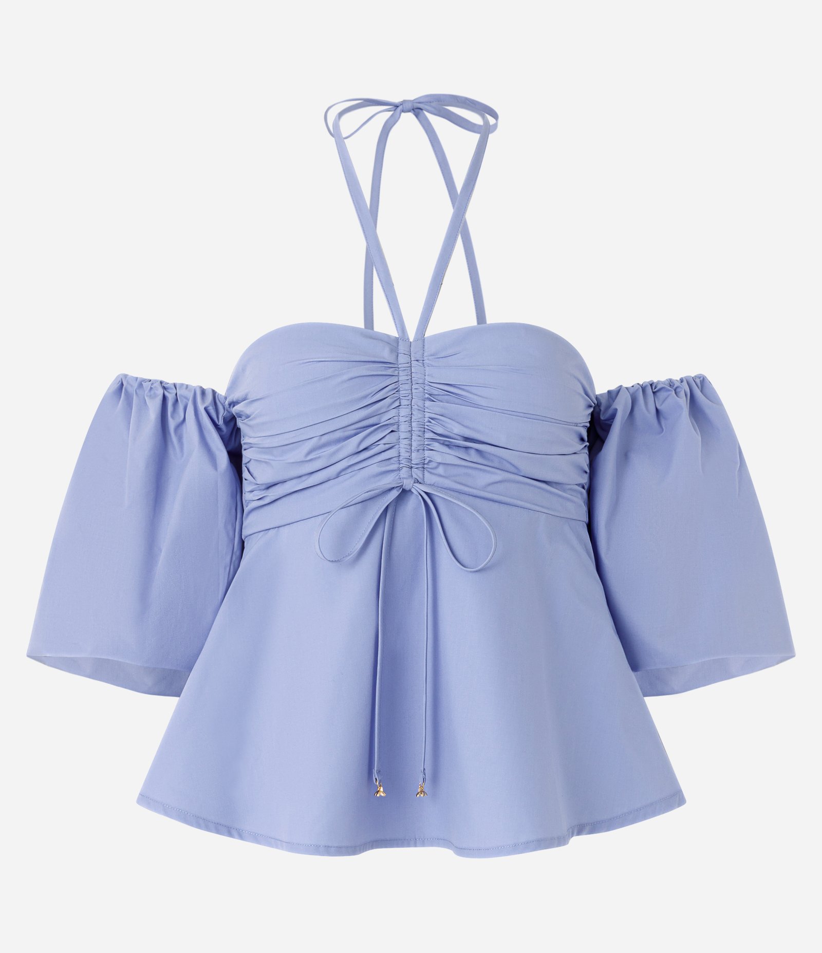 Blusa Ombro a Ombro em Tricoline com Amarração Azul 6