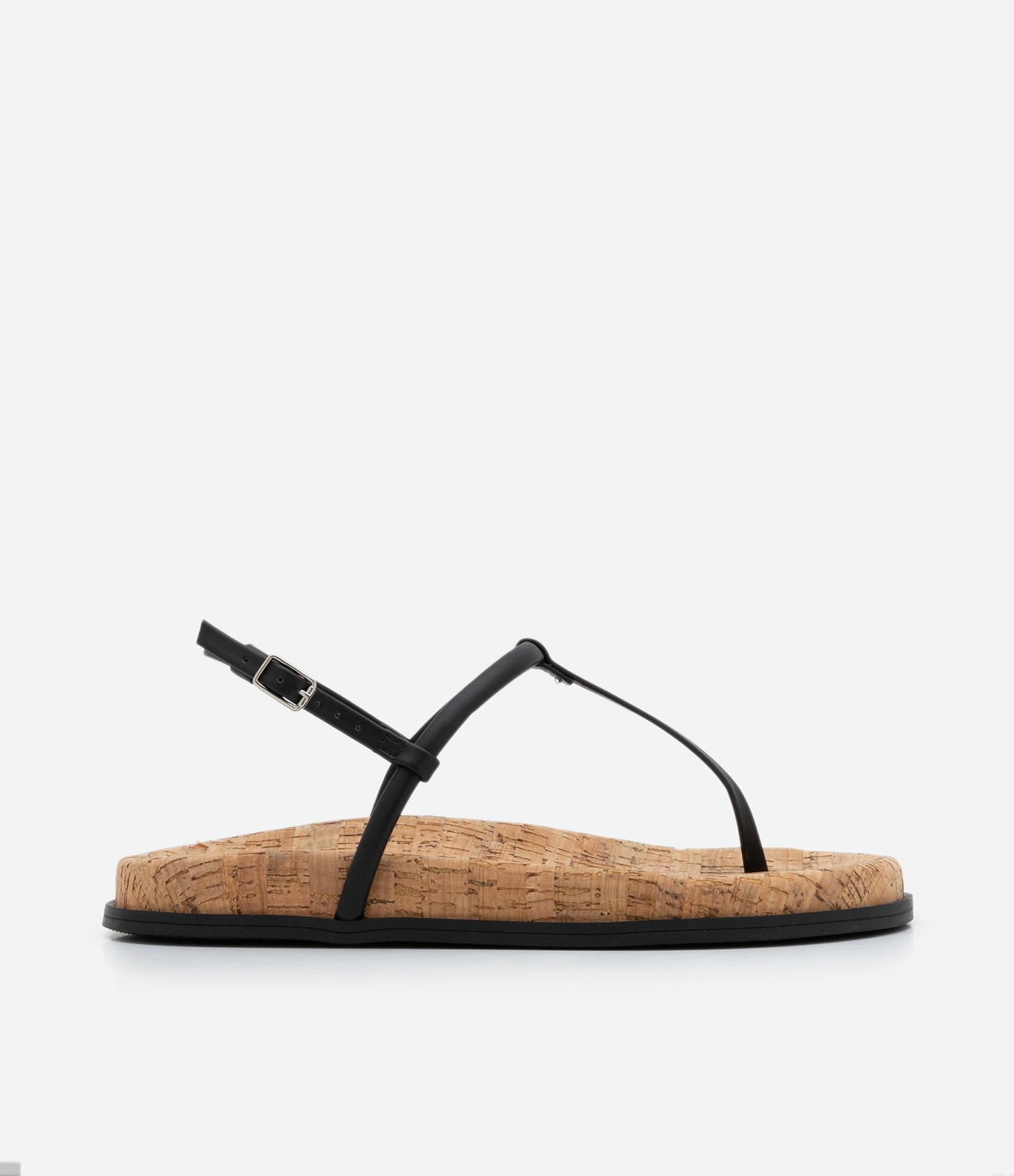 Sandália Rasteira com Tiras Finas e Palmilha em Cortiça Preto 1