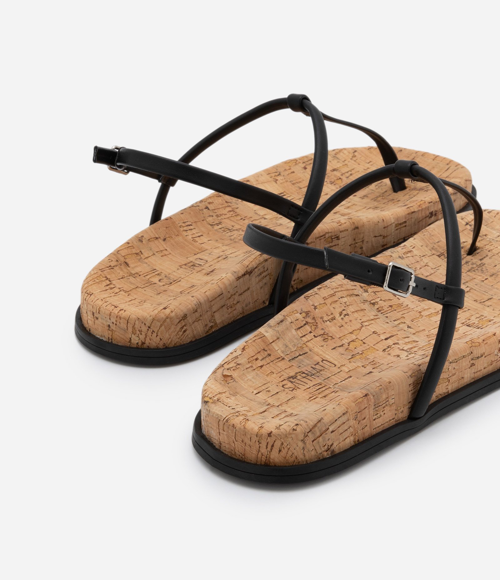 Sandália Rasteira com Tiras Finas e Palmilha em Cortiça Preto 3