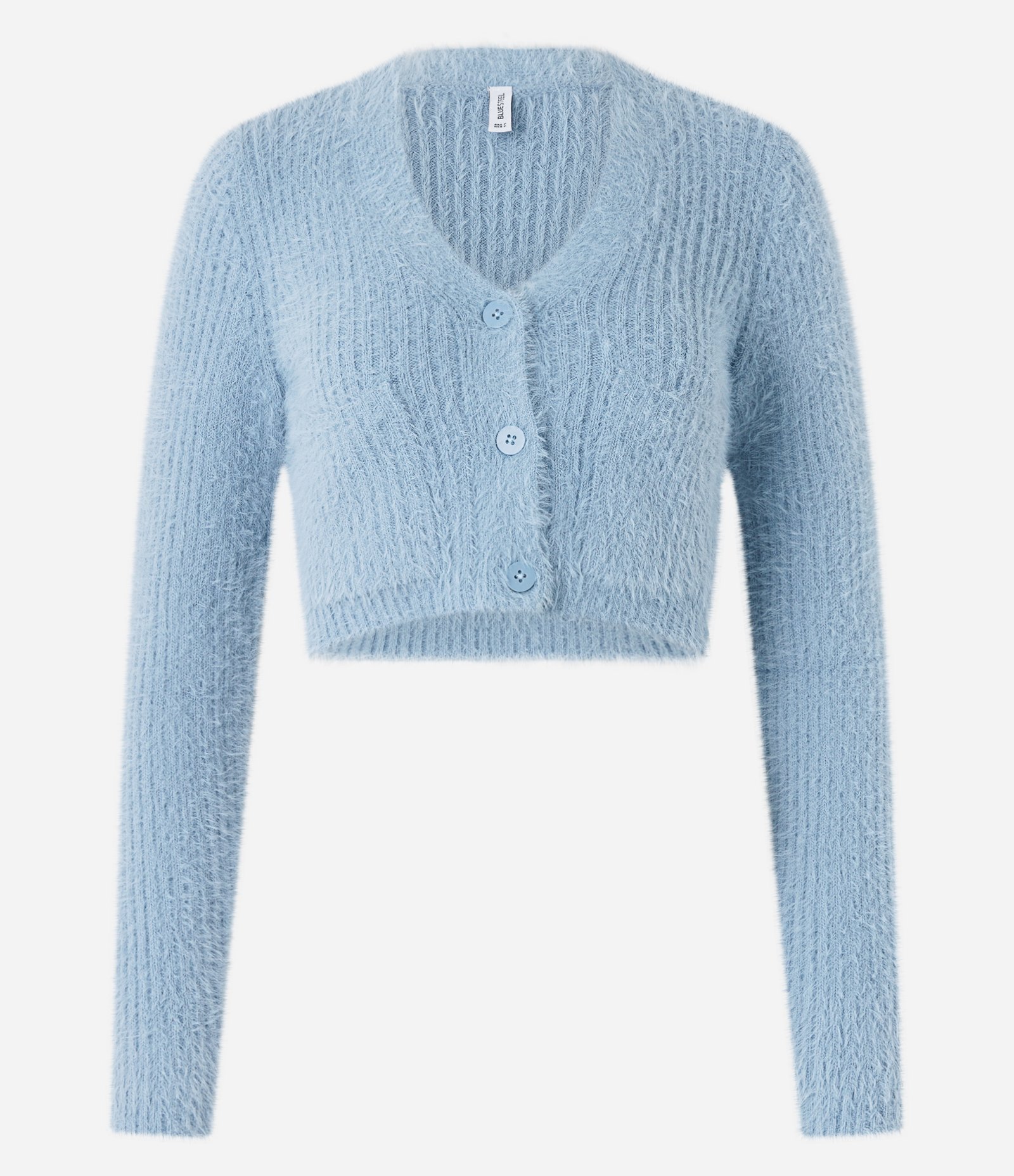 Cardigan Cropped em Tricô com Pelinho e Bolsos Azul 4
