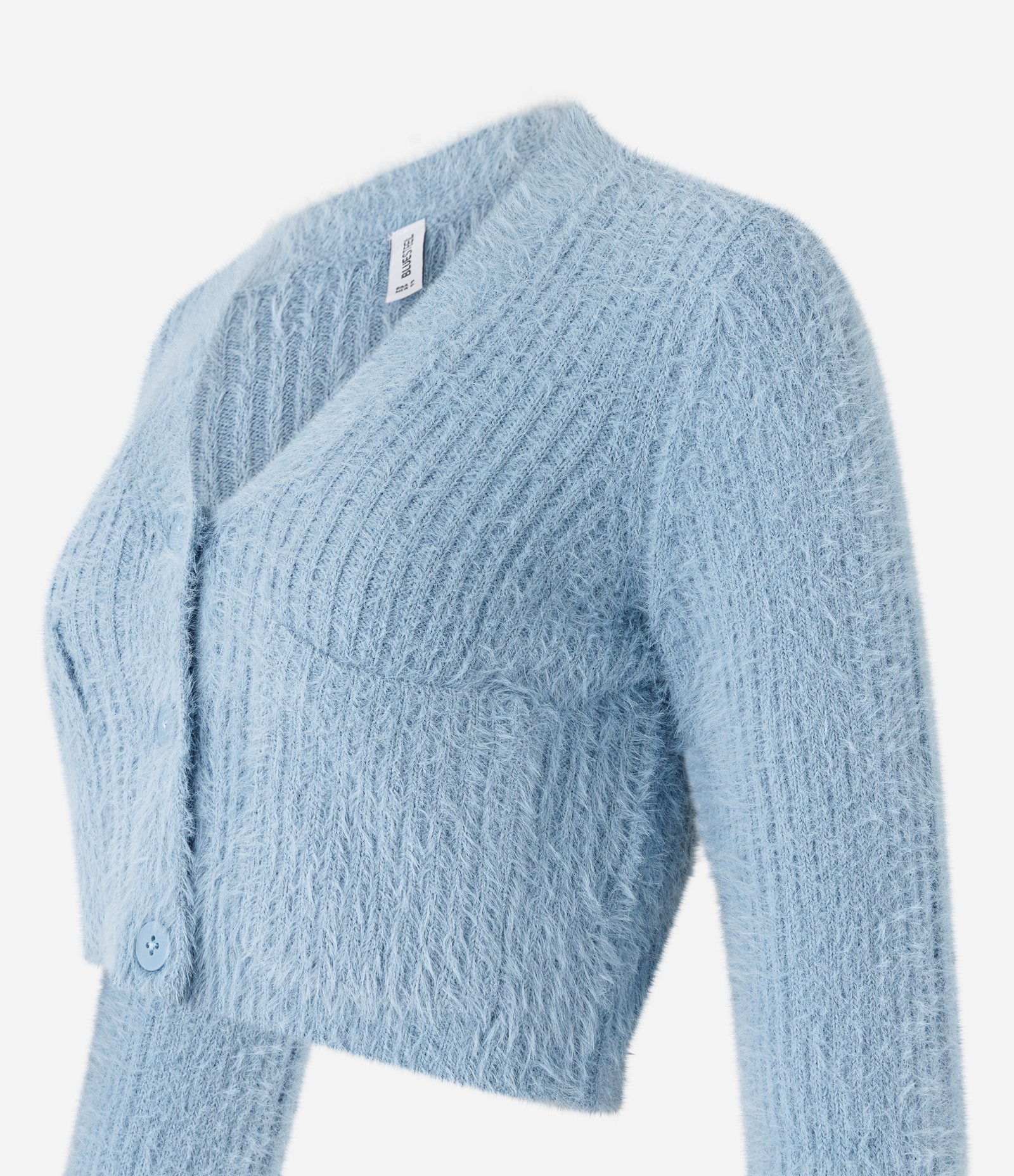 Cardigan Cropped em Tricô com Pelinho e Bolsos Azul 5