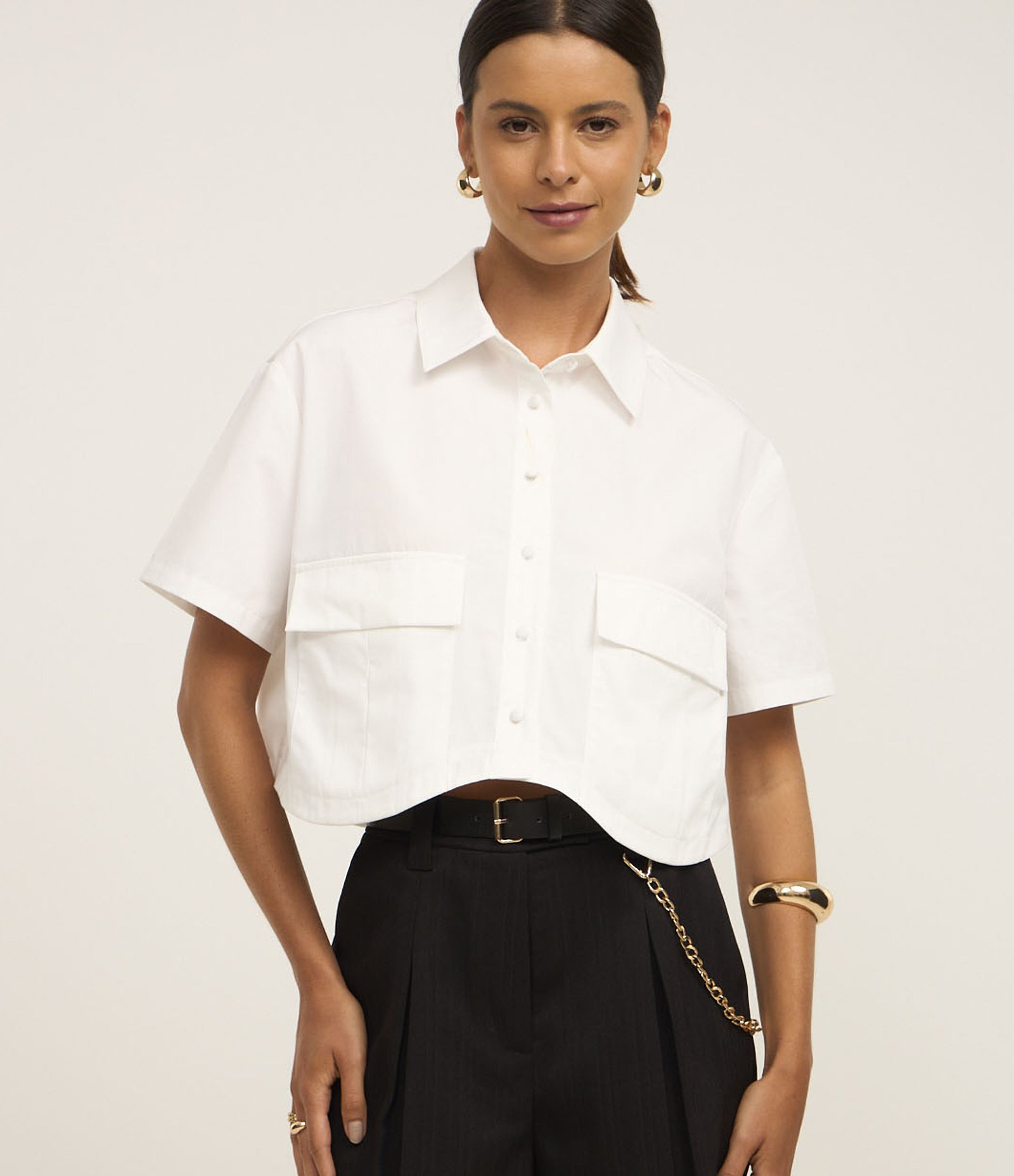 Camisa Manga Curta em Tricoline com Barra Assimétrica Branco 1