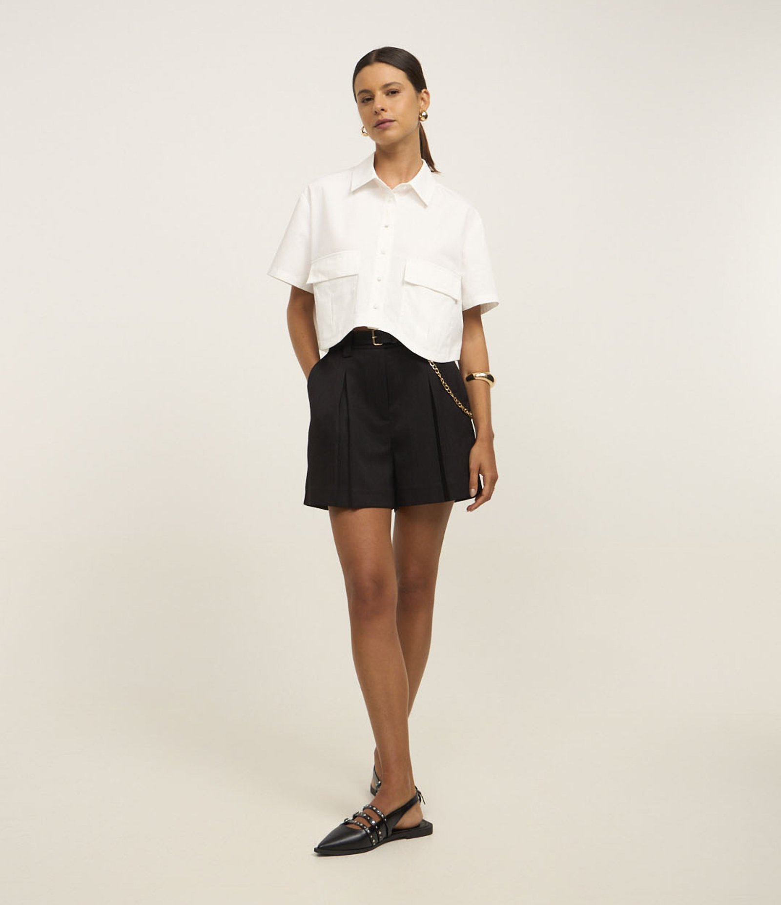 Camisa Manga Curta em Tricoline com Barra Assimétrica Branco 2