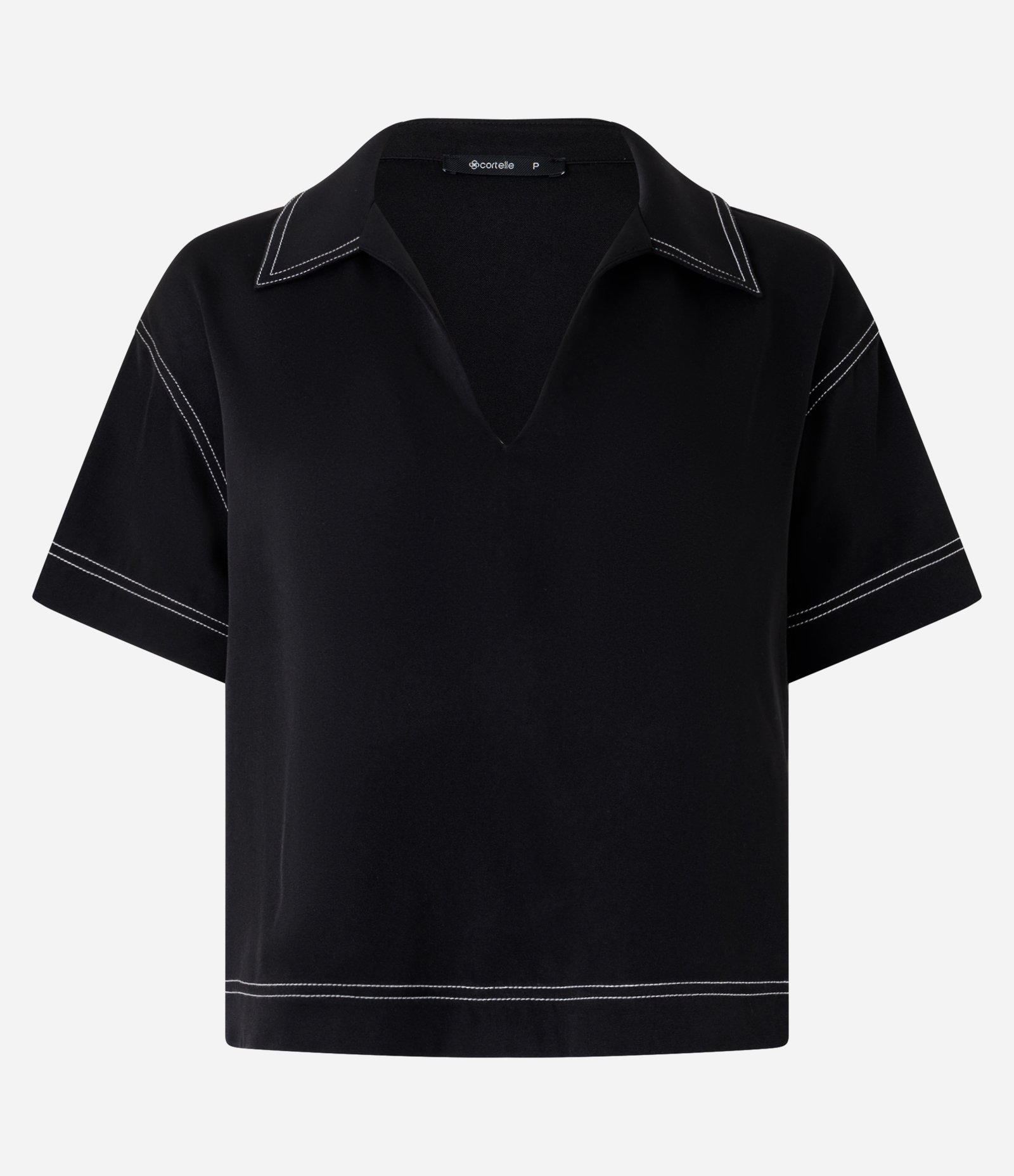 Blusa Manga Curta Alfaiataria com Decote V e Pespontos Contrastantes Preto 5