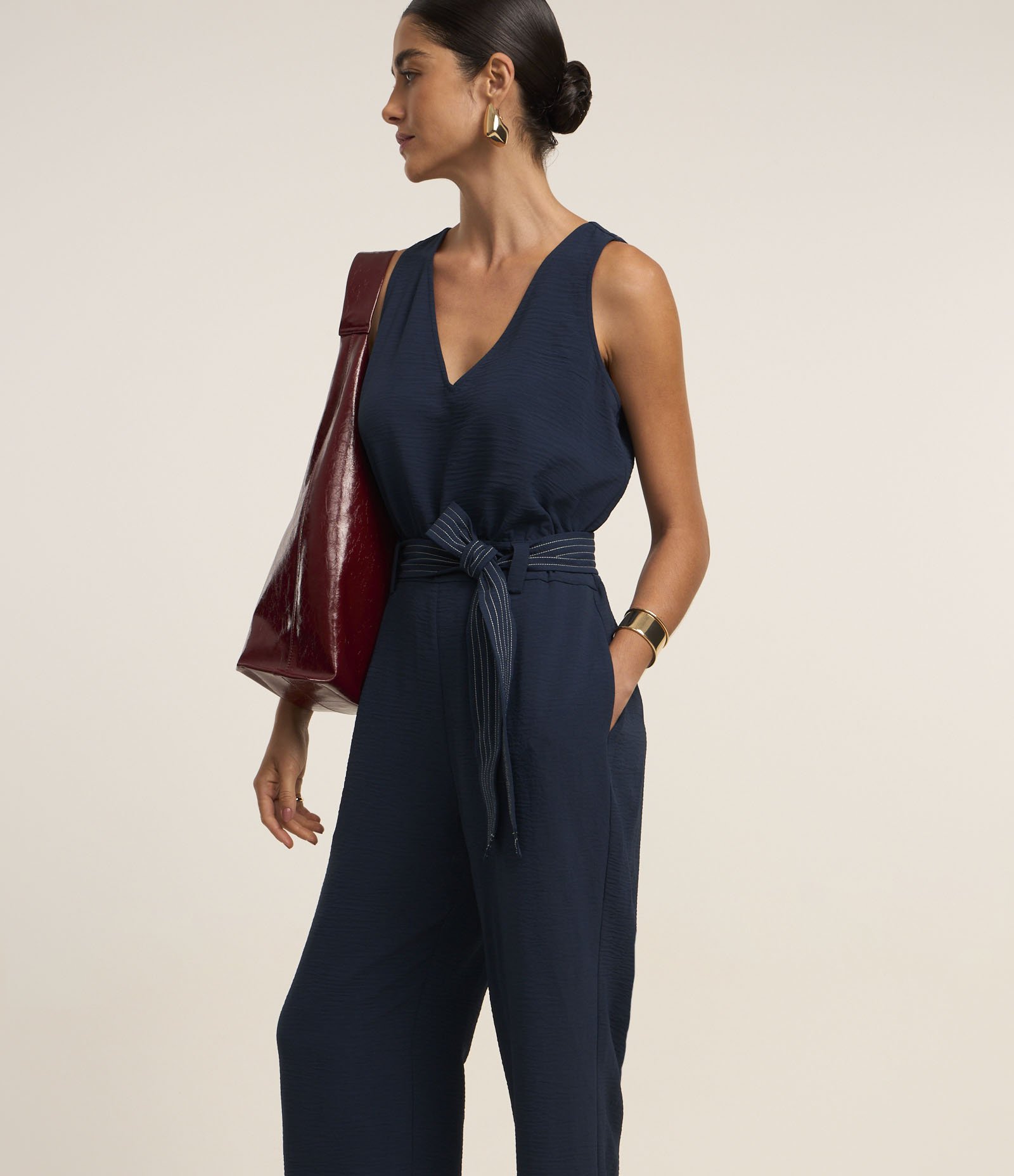 Macacão Airflow Decote V com Cinto com Pesponto contrastante Azul 1