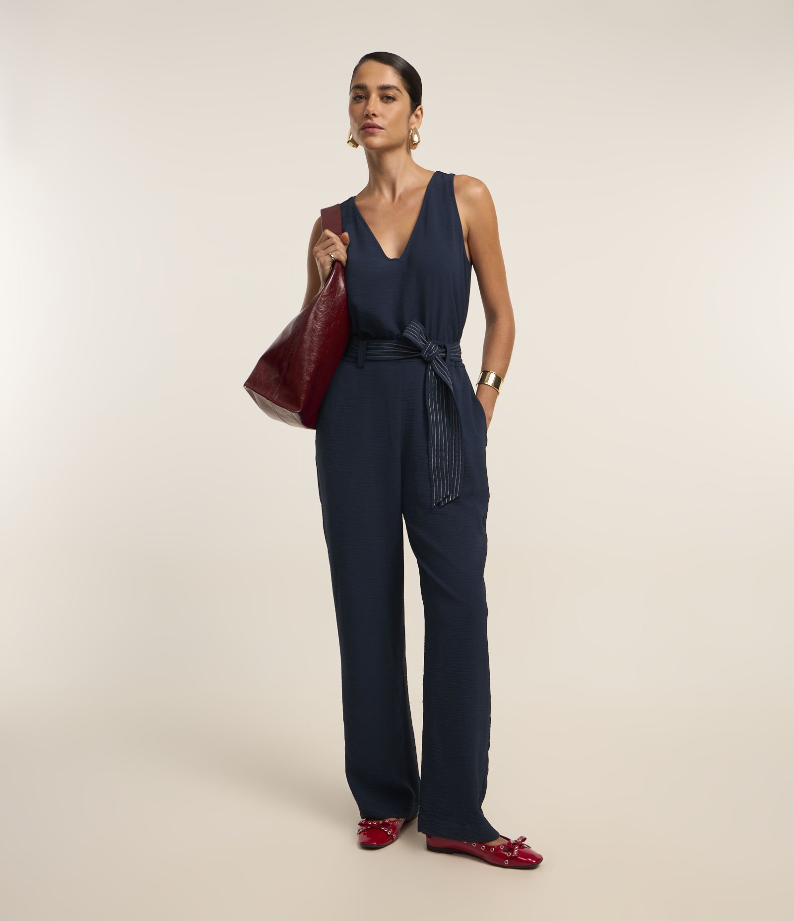 Macacão Airflow Decote V com Cinto com Pesponto contrastante Azul 2