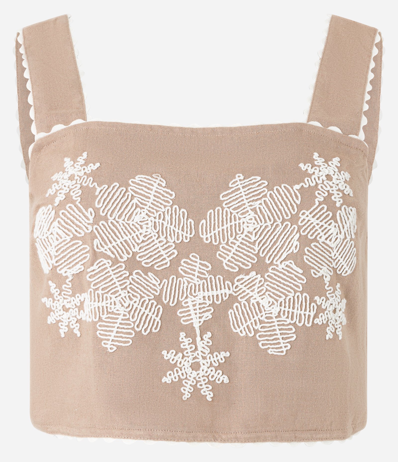 Blusa Cropped Sem Manga em Viscolinho com Flores Bordadas Marrom 6