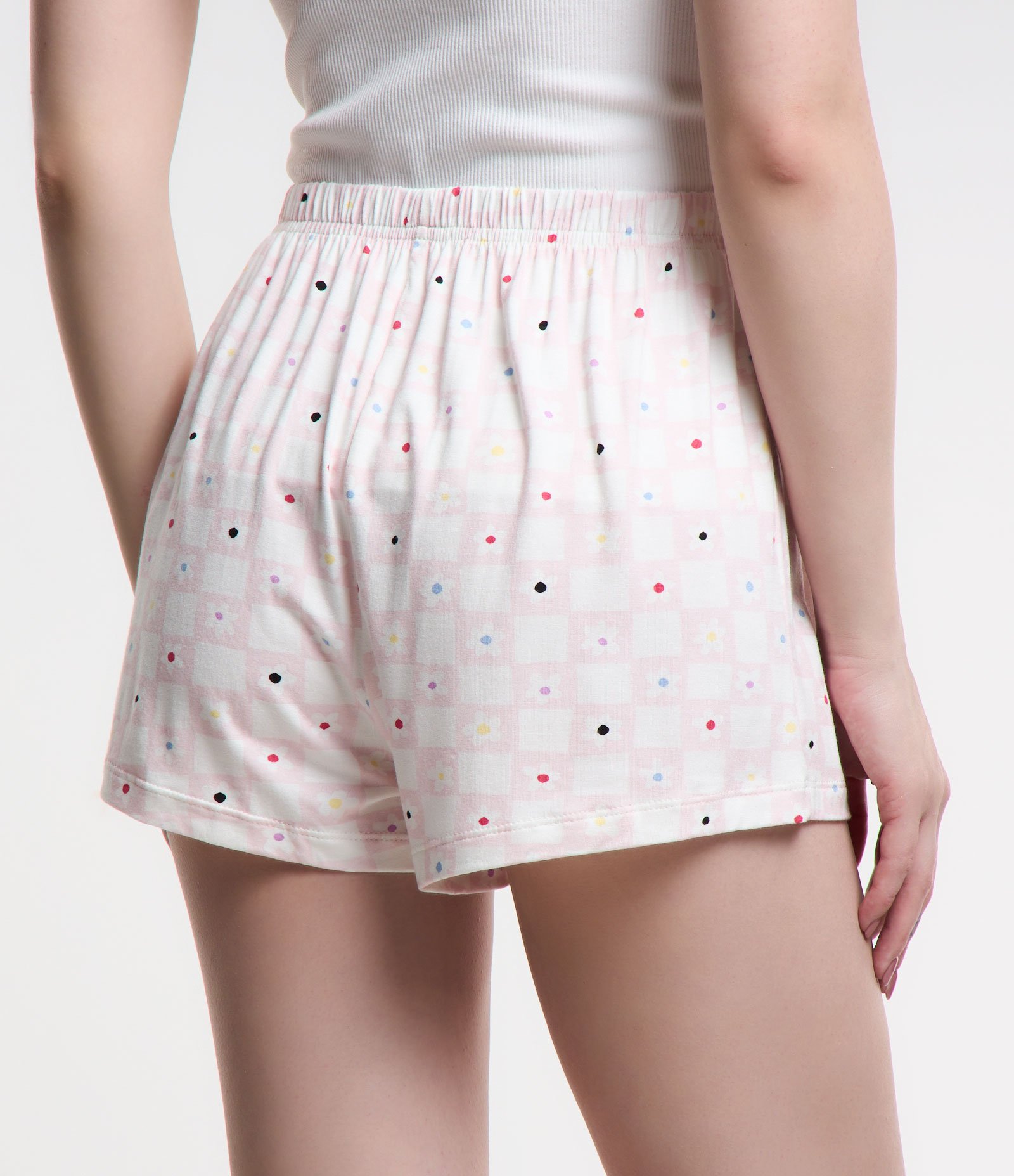 Short de Pijama em Viscose com Amarração no Cós e Estampa Floral Xadrez Rosa/ Branco 3