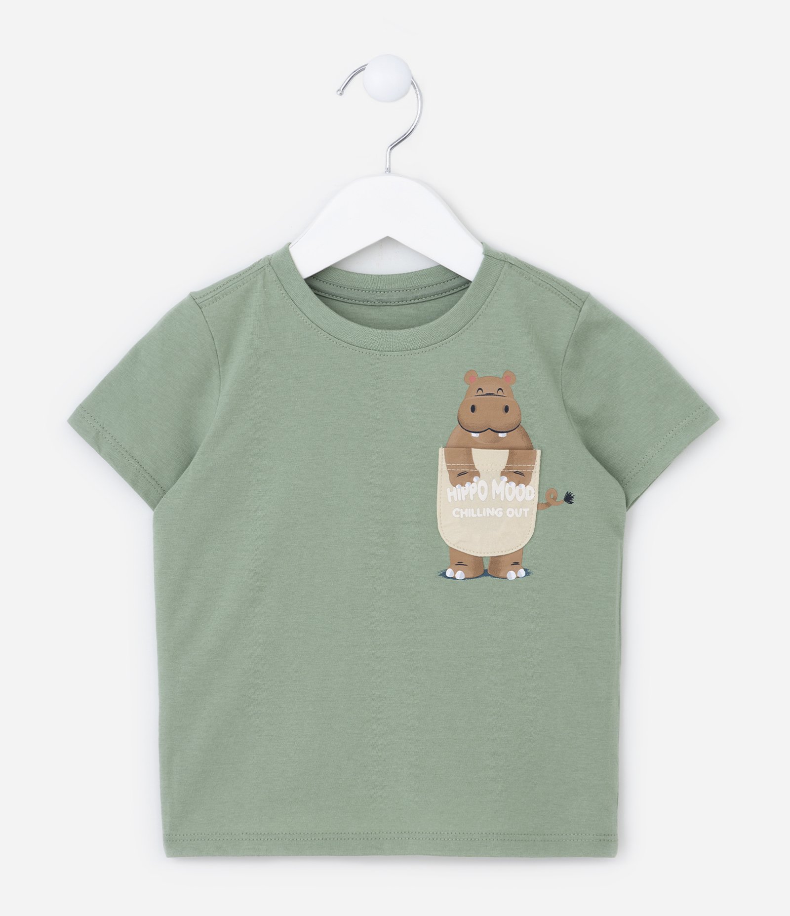 Camiseta Comfort Infantil com Estampa de Hipopótamo no Bolsinho - Tam 1 a 5 anos Verde 1