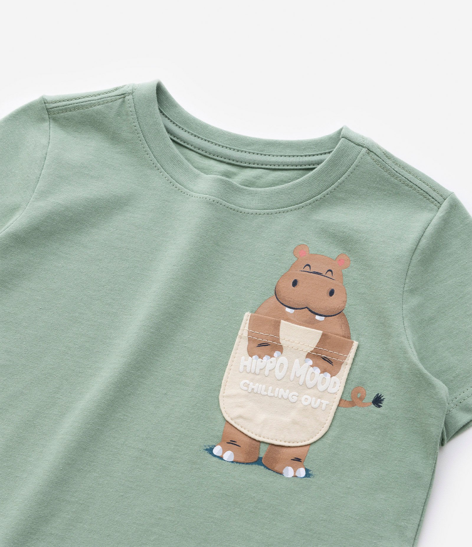 Camiseta Comfort Infantil com Estampa de Hipopótamo no Bolsinho - Tam 1 a 5 anos Verde 4