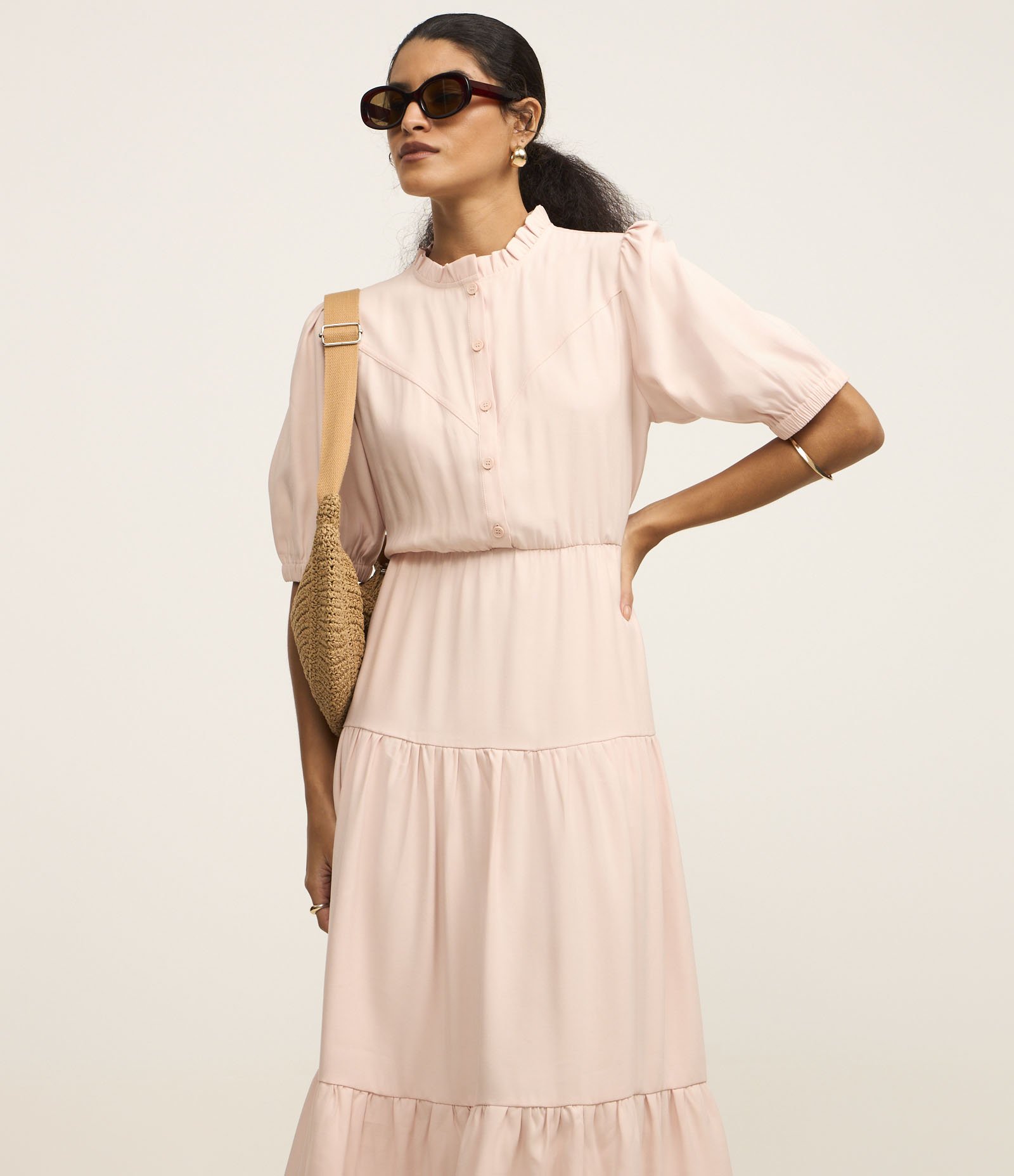 Vestido Midi em Viscose com Babado Marias Rosa 1