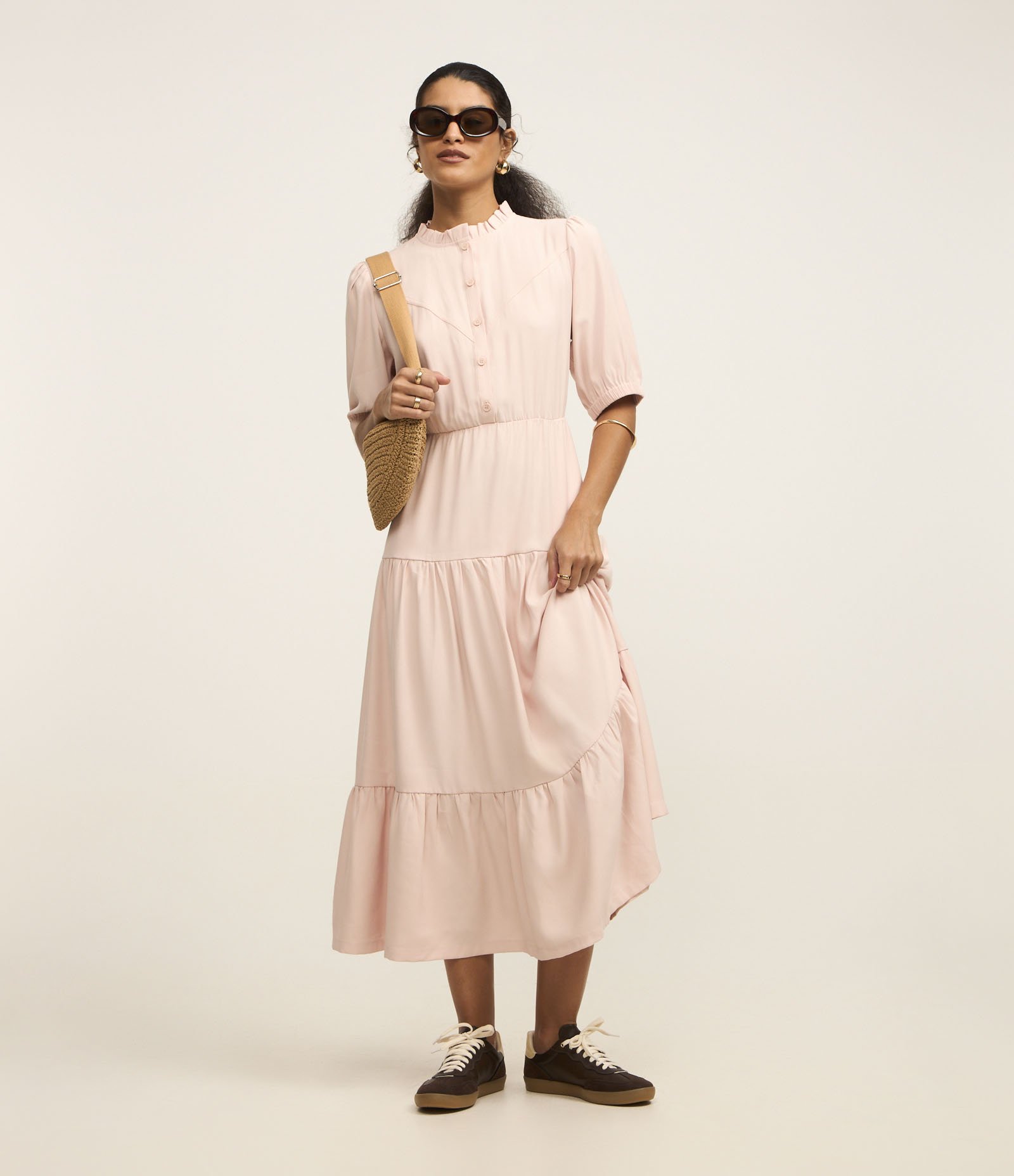 Vestido Midi em Viscose com Babado Marias Rosa 2